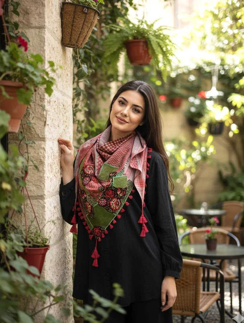 Keffiyeh Triangle Scarf, beautifully accented with Palestinian Embroidery, strass and velvet patches . Designed to blend warmth, comfort, and heritage