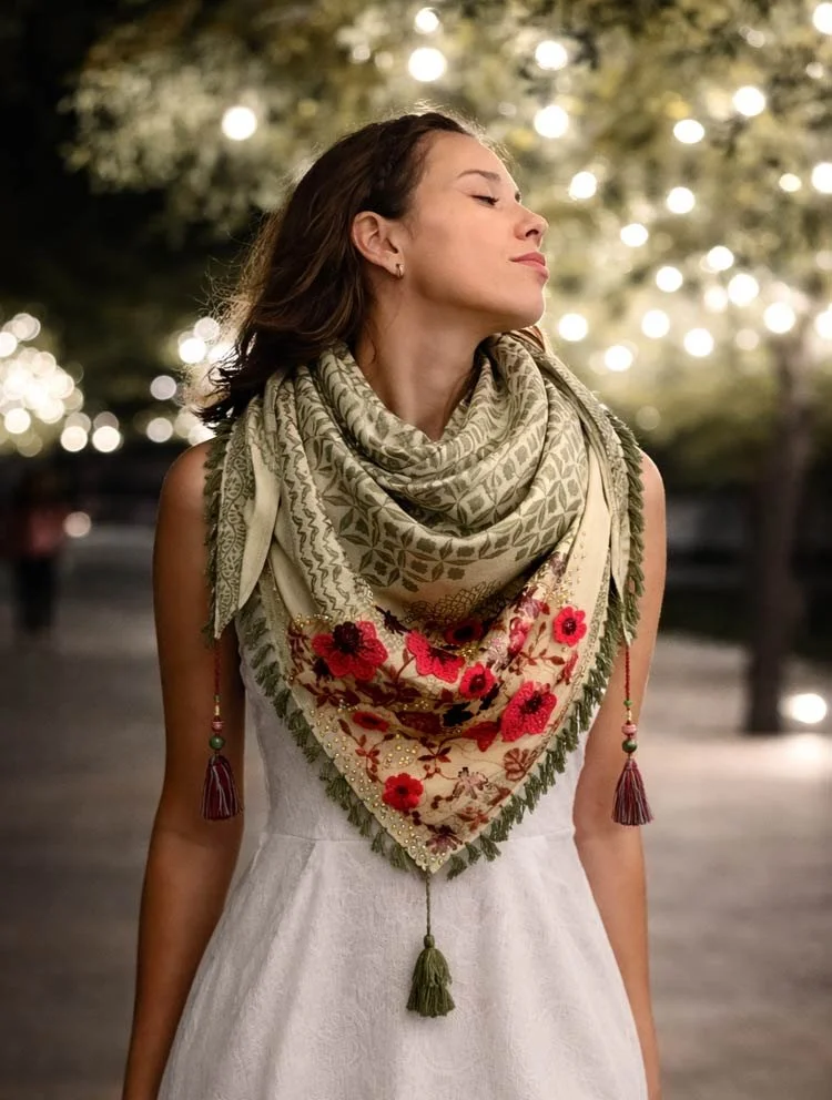 spring lightweight triangle scarf, embroidered  flowers straight from the garden is the core of this triangle scarf adorned with strass and tassels