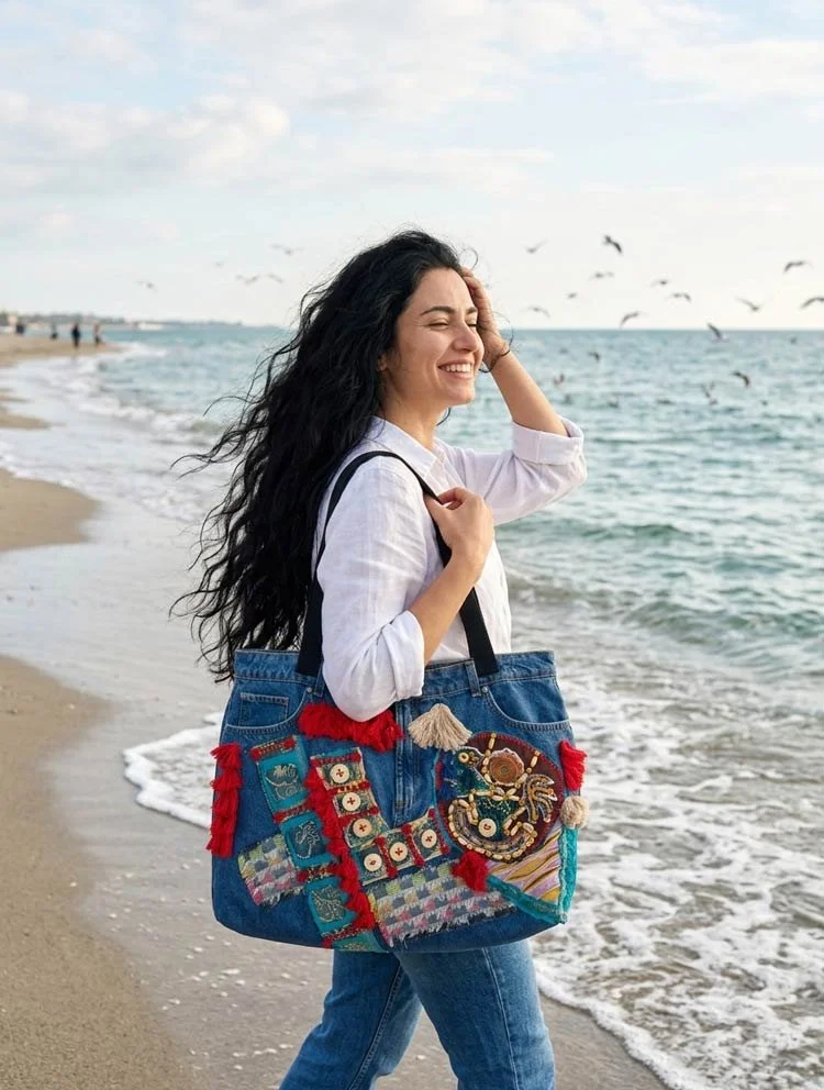 One-of-a-Kind Handmade Statement Crazy Big Bag Wearable work of art. Each piece in this Totes collection is a handmade one-of-a-kind piece, denim fabric and a variety of richly textiles