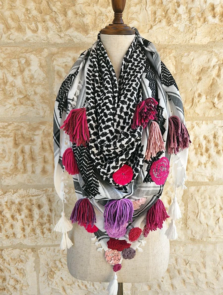 Catch the spirit of spring with this joyful Keffiyeh scarf, inspired by blooming flowers and sunshine
