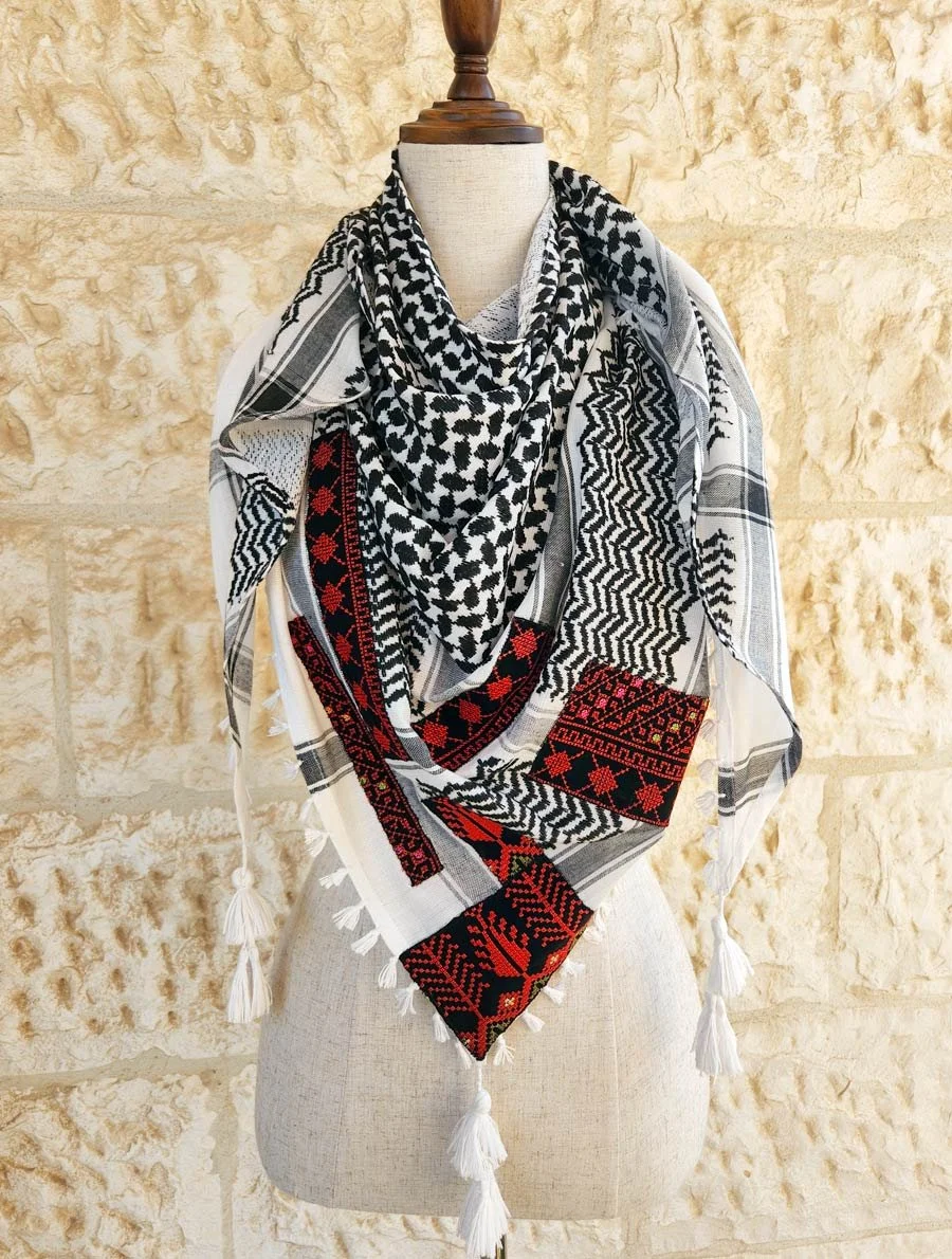 Combination of keffiyeh the traditional Jordanian\Palestinian scarf with Palestinian Embroidery and tassels. Wear a simple outfit and put on one of these amazing keffiyeh scarves   Triangle Scarf