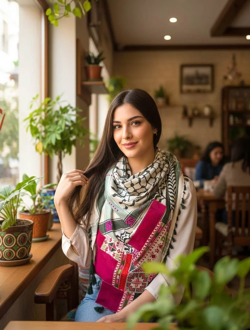 Keffiyeh Triangle Scarf, beautifully accented with Palestinian Embroidery, strass and velvet patches . Designed to blend warmth, comfort, and heritage