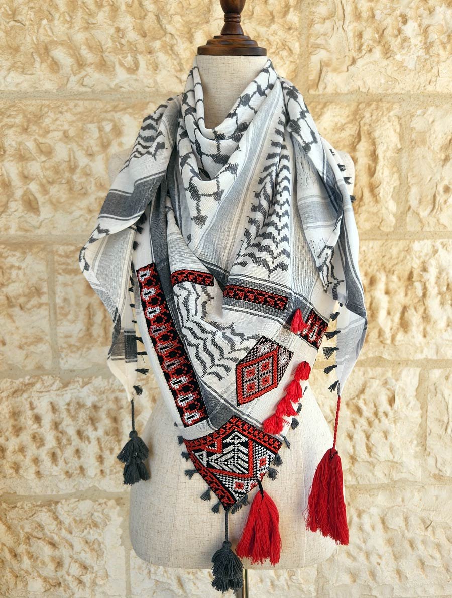Combination of keffiyeh the traditional Jordanian\Palestinian scarf with Palestinian Embroidery and tassels. Wear a simple outfit and put on one of these amazing keffiyeh scarves 