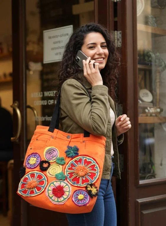 One-of-a-Kind Handmade Statement Crazy Big Bag Wearable work of art. Each piece in this Totes collection is a handmade one-of-a-kind piece, denim fabric and a variety of richly textiles