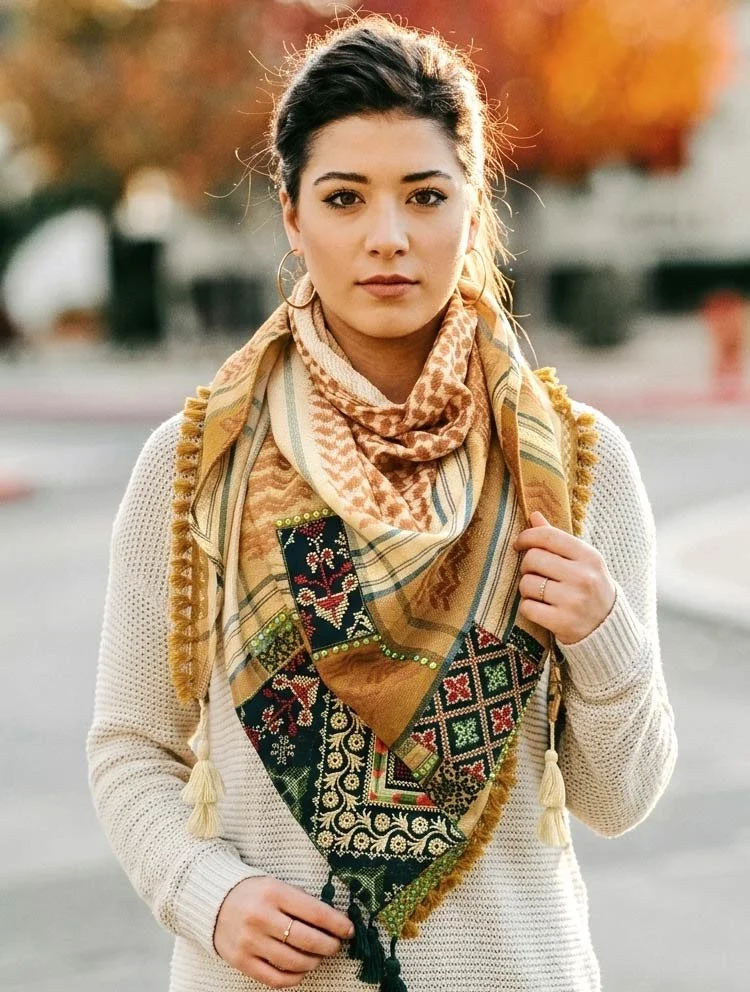 Combination of scarf with Palestinian Embroidery and strass. Wear a simple outfit and put on one of these amazing scarves 