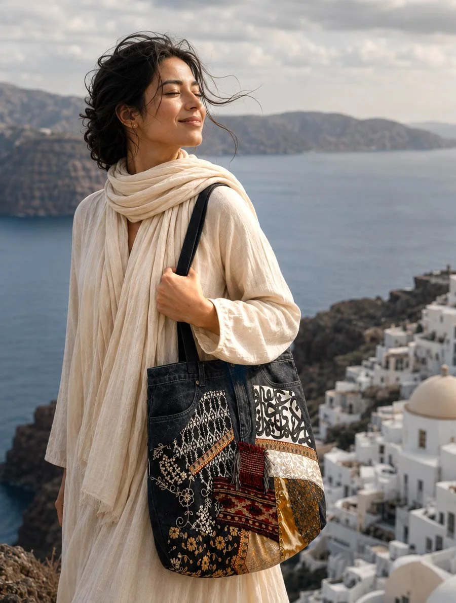 Handmade Statement Crazy Big Bag Wearable work of art. Each piece in this Totes collection is a handmade one-of-a-kind piece, denim fabric and a variety of richly textiles