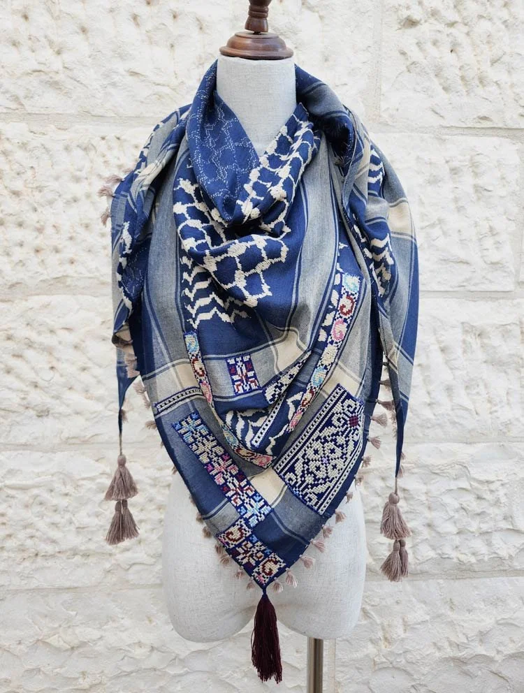 Combination of keffiyeh the traditional Jordanian\Palestinian scarf with Palestinian Embroidery and tassels