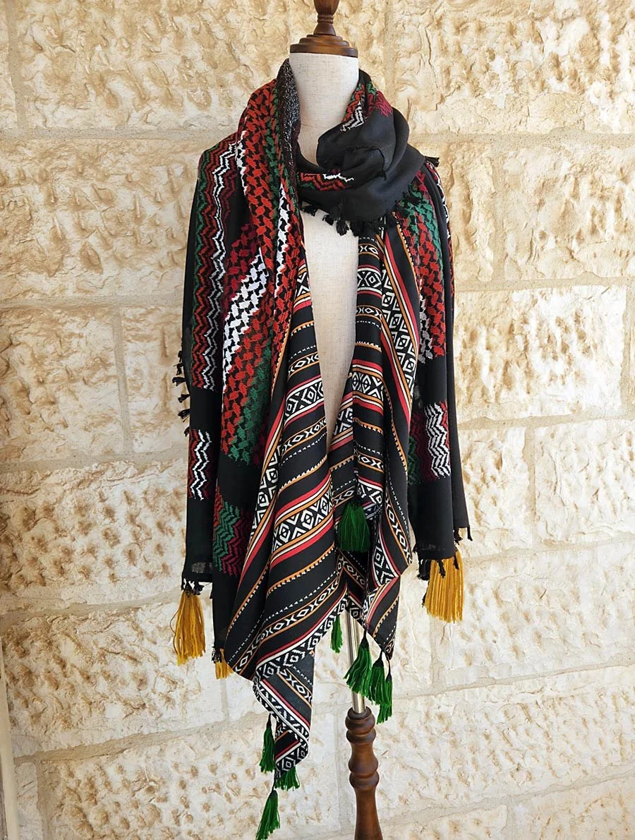 A celebration of freedom in movement and culture blends the heritage of the traditional Keffiyeh with modern style, featuring rich textiles, tassels, and bold geometric patterns.