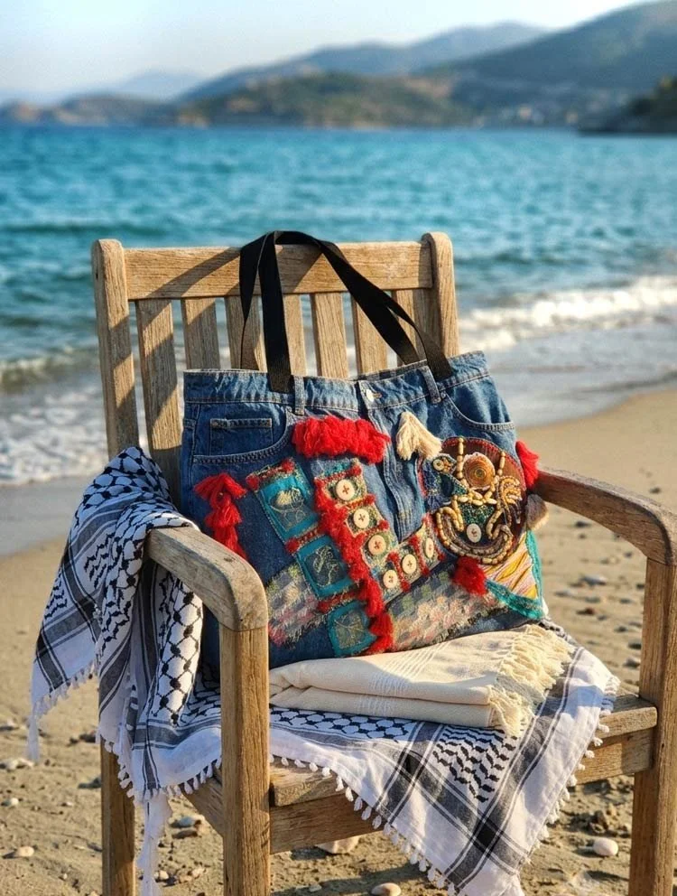 One-of-a-Kind Handmade Statement Crazy Big Bag Wearable work of art. Each piece in this Totes collection is a handmade one-of-a-kind piece, denim fabric and a variety of richly textiles
