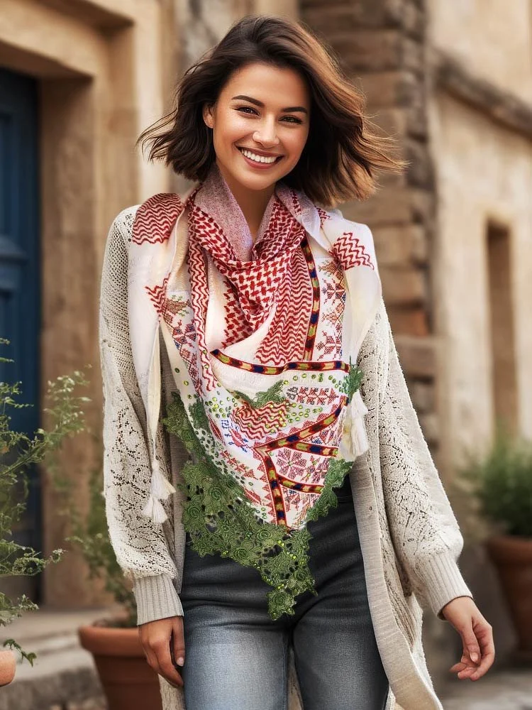 Combination of keffiyeh the traditional Jordanian\Palestinian scarf with Palestinian Embroidery, strases, lace and tassels all together to create this beauty