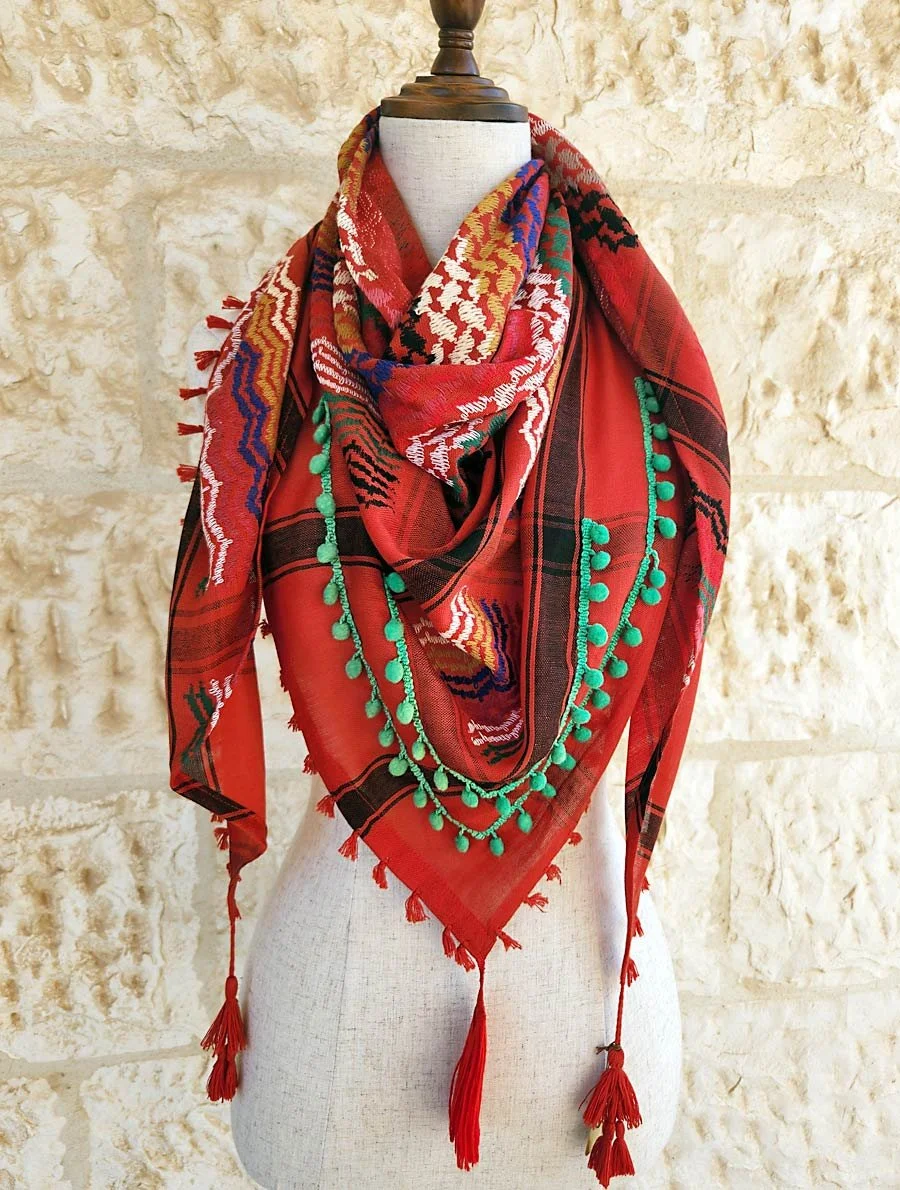 Lightweight triangle fun keffiyeh scarf adorned with small pompoms  Triangle scarf