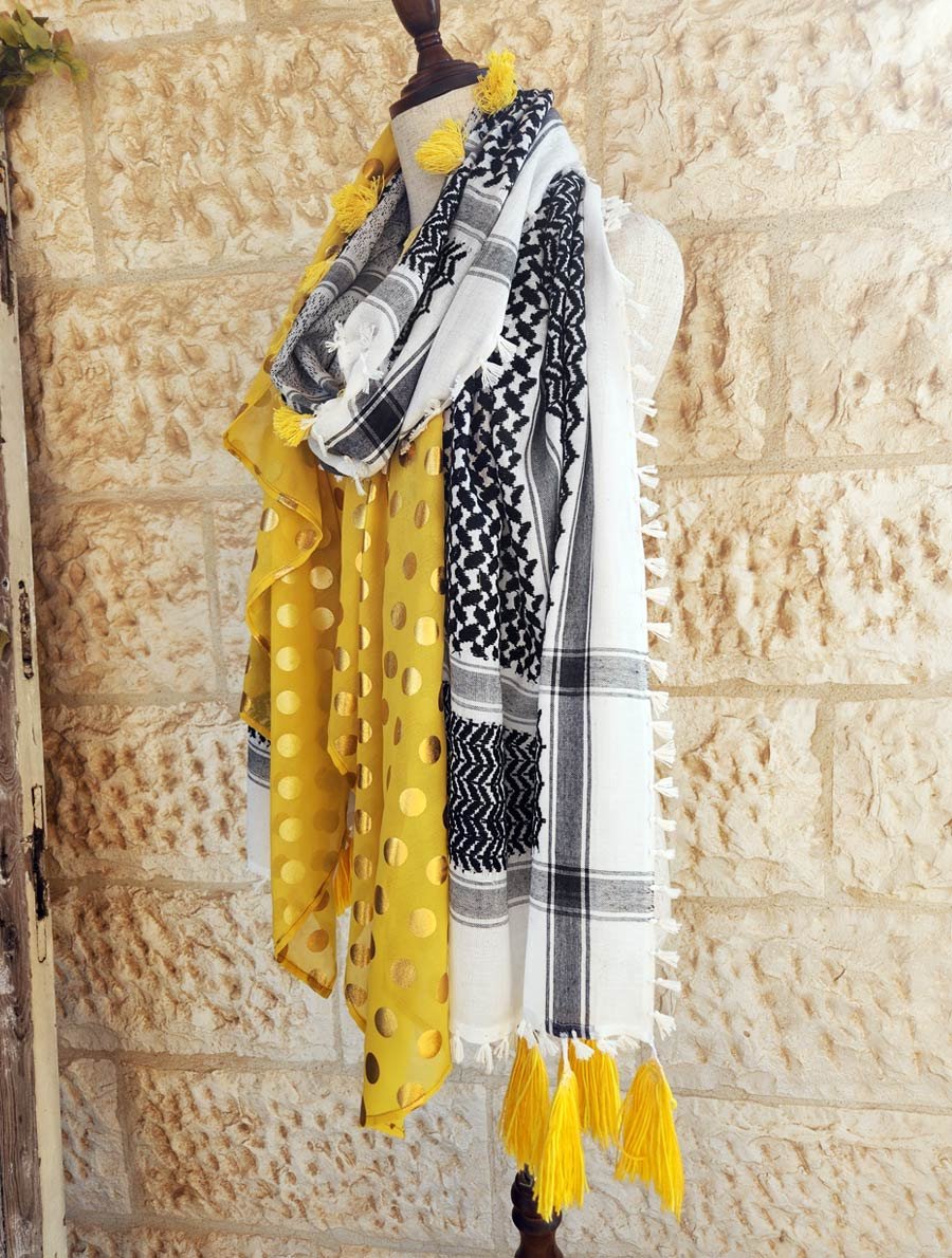 Colorful long Keffiyeh scarf combining traditional patterns and modern textiles