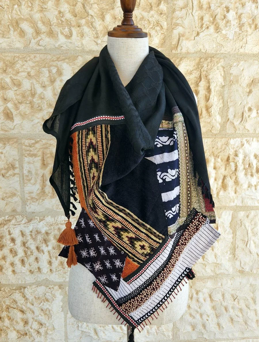 The Voyager Triangle Scarf .. Handcrafted Bohemian Scarf with Tassels & Embroidery .Unique Textiles from Around the World ... Handcrafted bohemian scarf with colorful embroidery