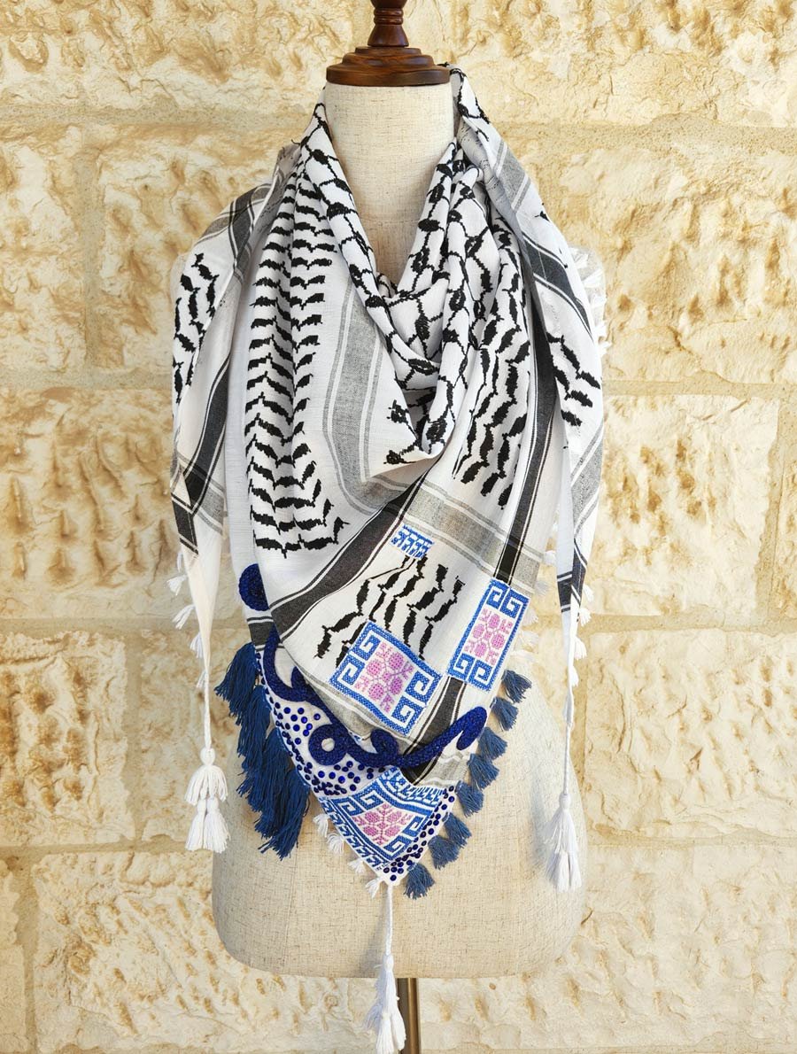 Mixture of keffiyeh with Palestinian embroidery,rope and tassels; all together to create this beauty, made in Jordan, Palestinian scarf