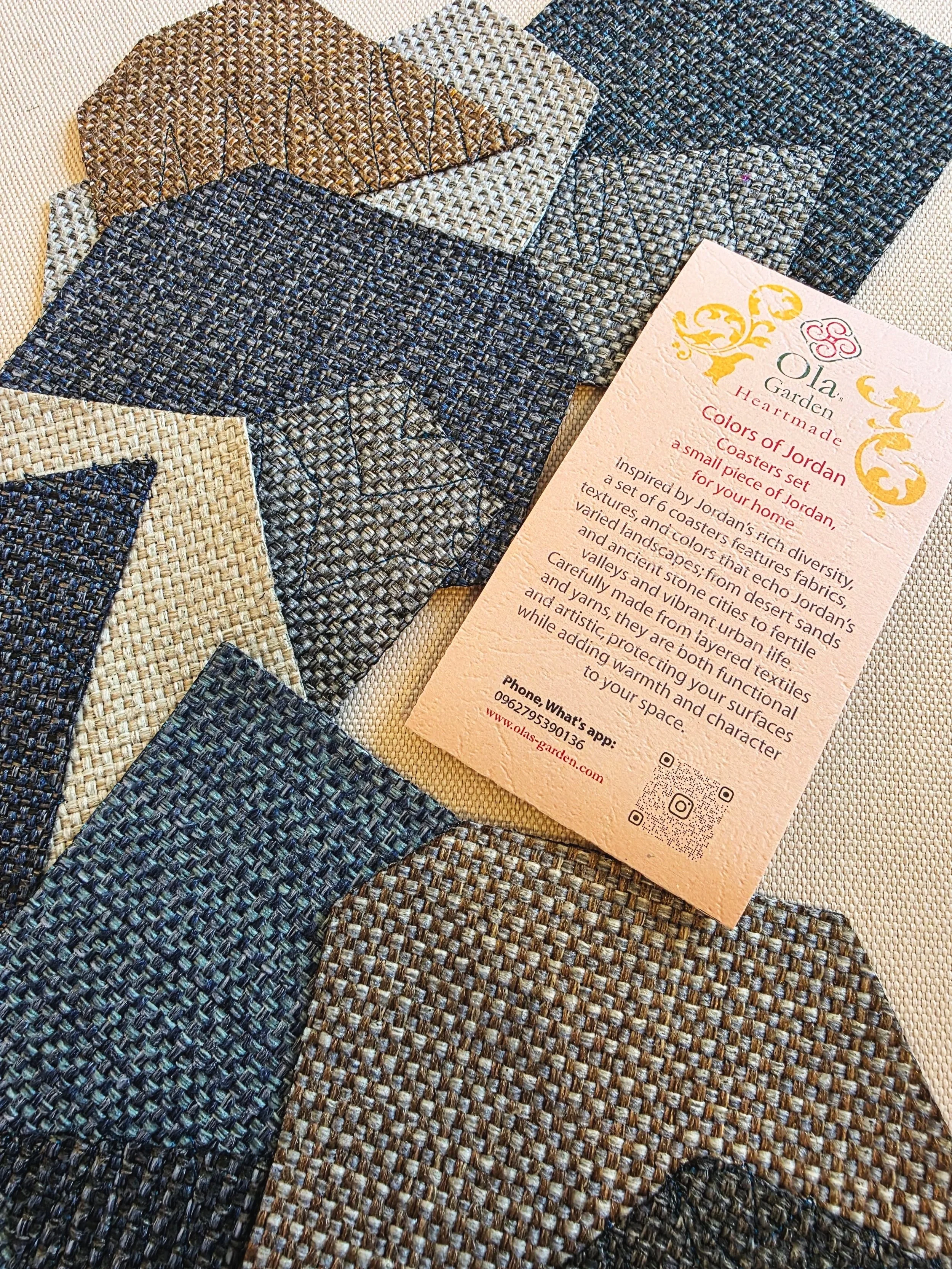 ​Inspired by Jordan's rich diversity, a set of 6 coasters features fabrics, textures, and colors that echo Jordan's varied landscapes.One of a kind coasters set, Modern ethnic decor