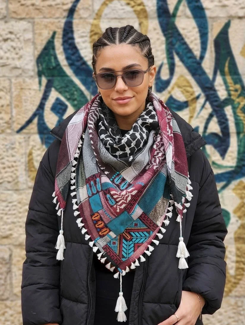 Keffiyeh Triangle Scarf, beautifully accented with Palestinian Embroidery, strass and velvet patches