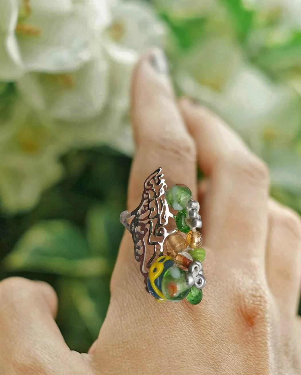 Palestine Map Beaded Ring adorned with delicate bead work; making this ring not just jewelry but a statement of heritage and pride