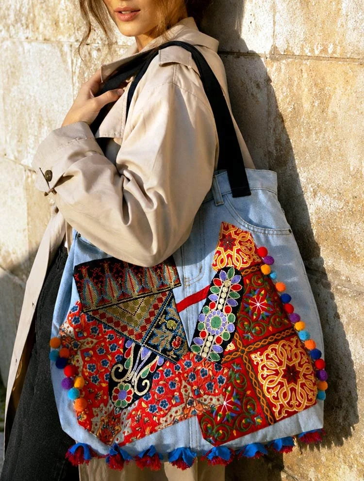 One-of-a-Kind Handmade Statement Crazy Big Bag. Wearable work of art. Each piece in this Totes collection is a handmade one-of-a-kind piece, denim fabric and a variety of richly textiles
