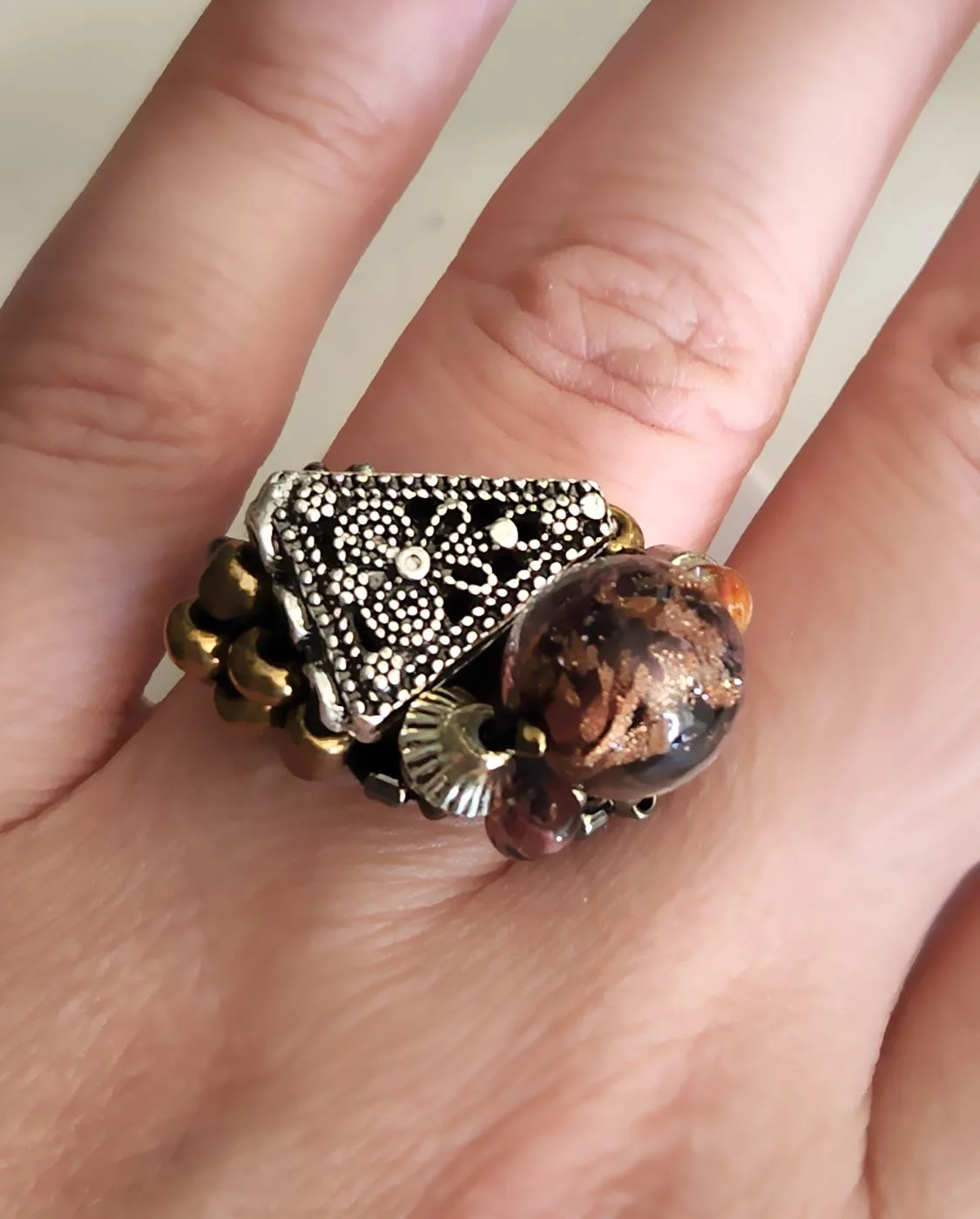 Handmade ring from mixed materials. Bold, strange, and original design , a unique piece of wearable art for those who dare to stand out