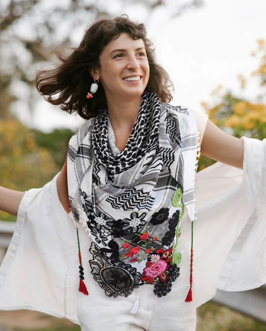 Mixture of keffiyeh with Embroidery, many textiles, beads and threads all together to create this beauty, tender touches adorn this scarf with dreams