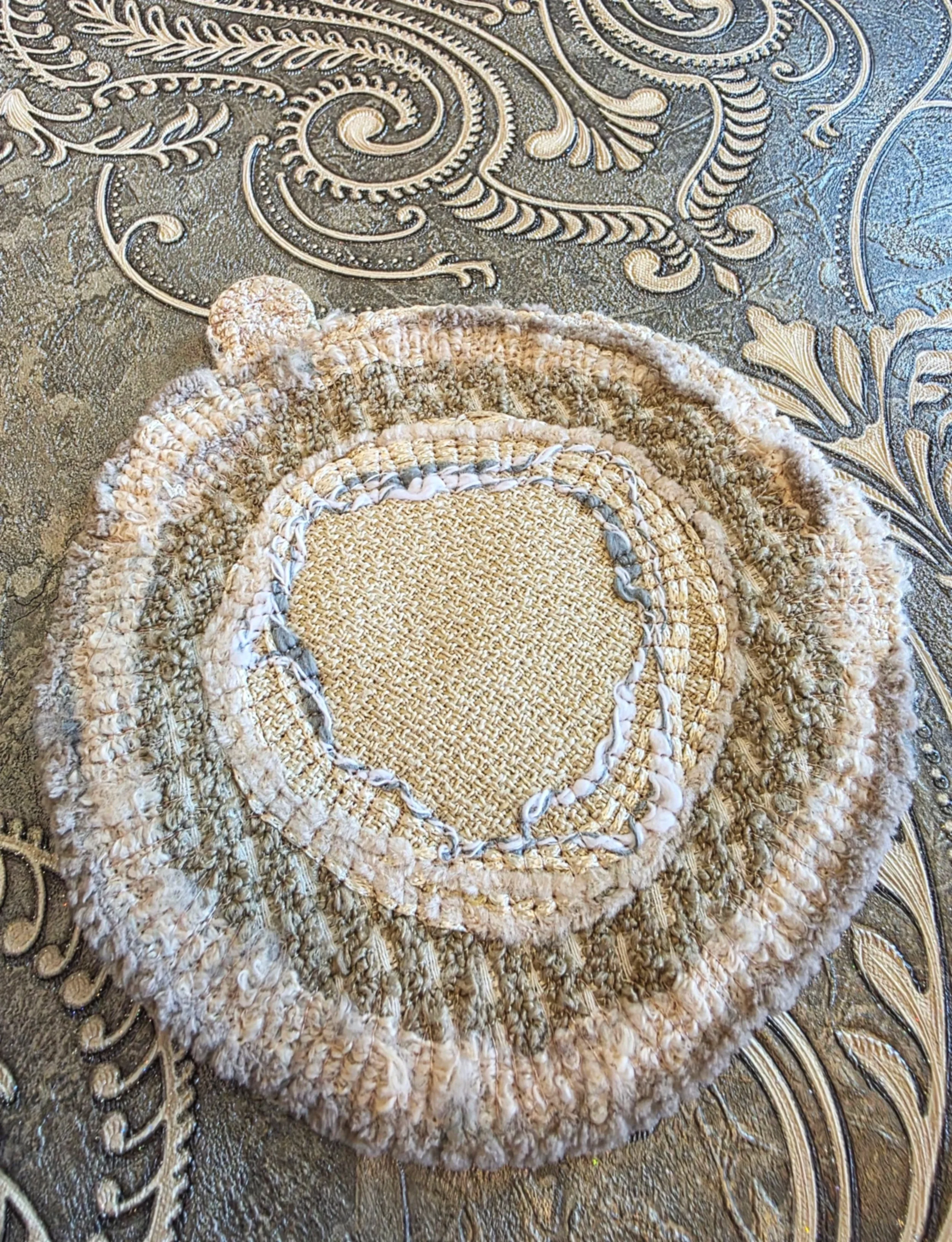 a touch of artisanal charm to your daily essentials with our handcrafted round pouch., unique blend of eco friendly high-quality fabrics and textured threads