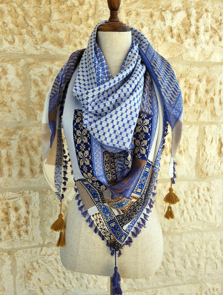 Combination of scarf with Palestinian Embroidery and strass. Wear a simple outfit and put on one of these amazing scarves 