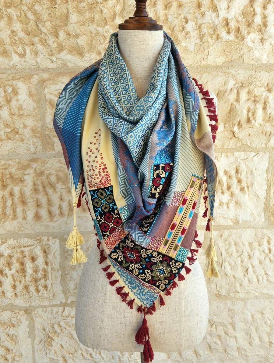 Combination of scarf with Palestinian Embroidery and strass. Wear a simple outfit and put on one of these amazing scarves 