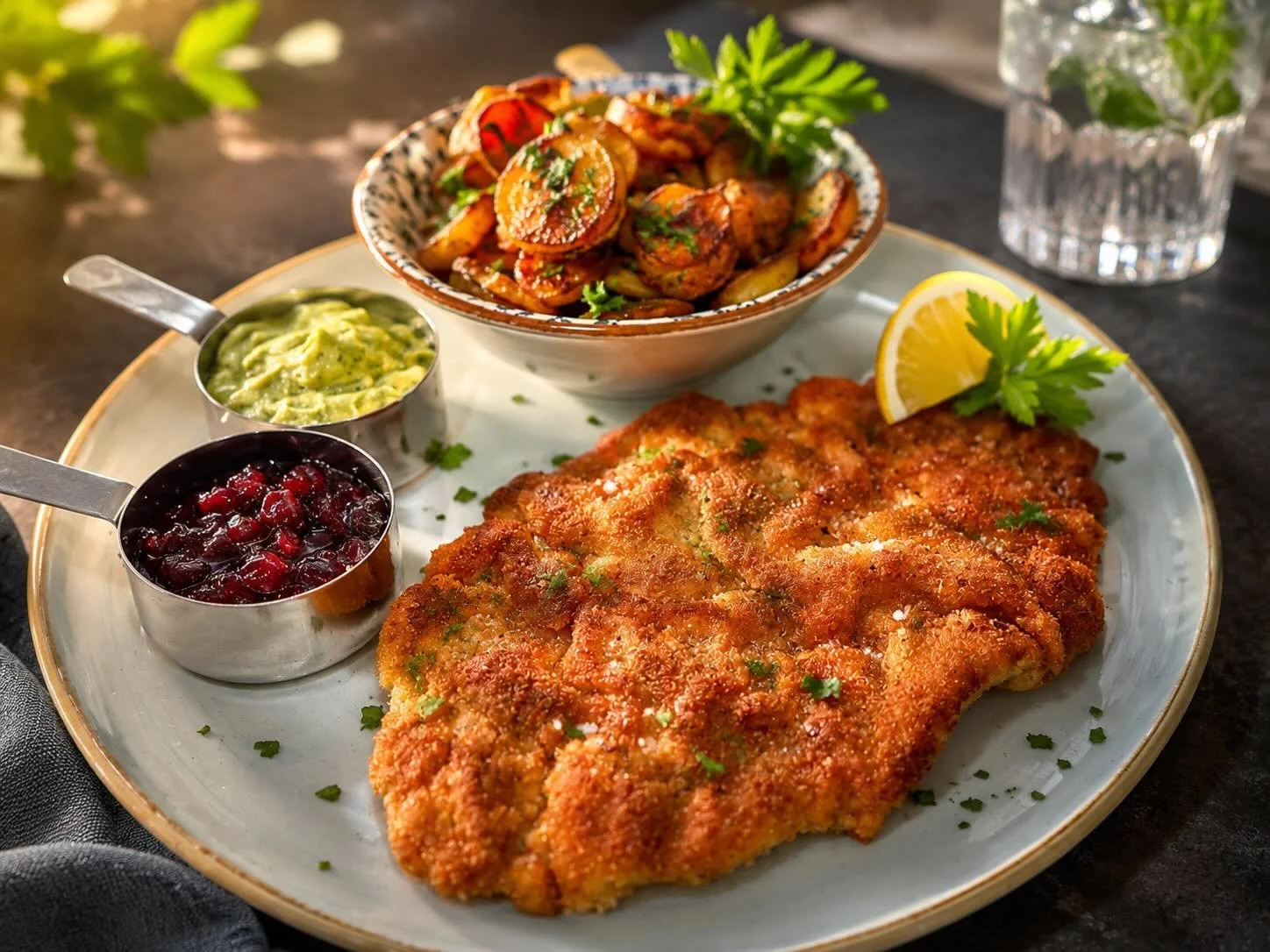 Wiener Schnitzel vom Kalb 💯
Goldbraun paniert, knusprig gebraten und serviert mit hausgemachten Bratkartoffeln, feiner 7-Kr&auml;uter-So&szlig;e &amp; Preiselbeeren 🍋