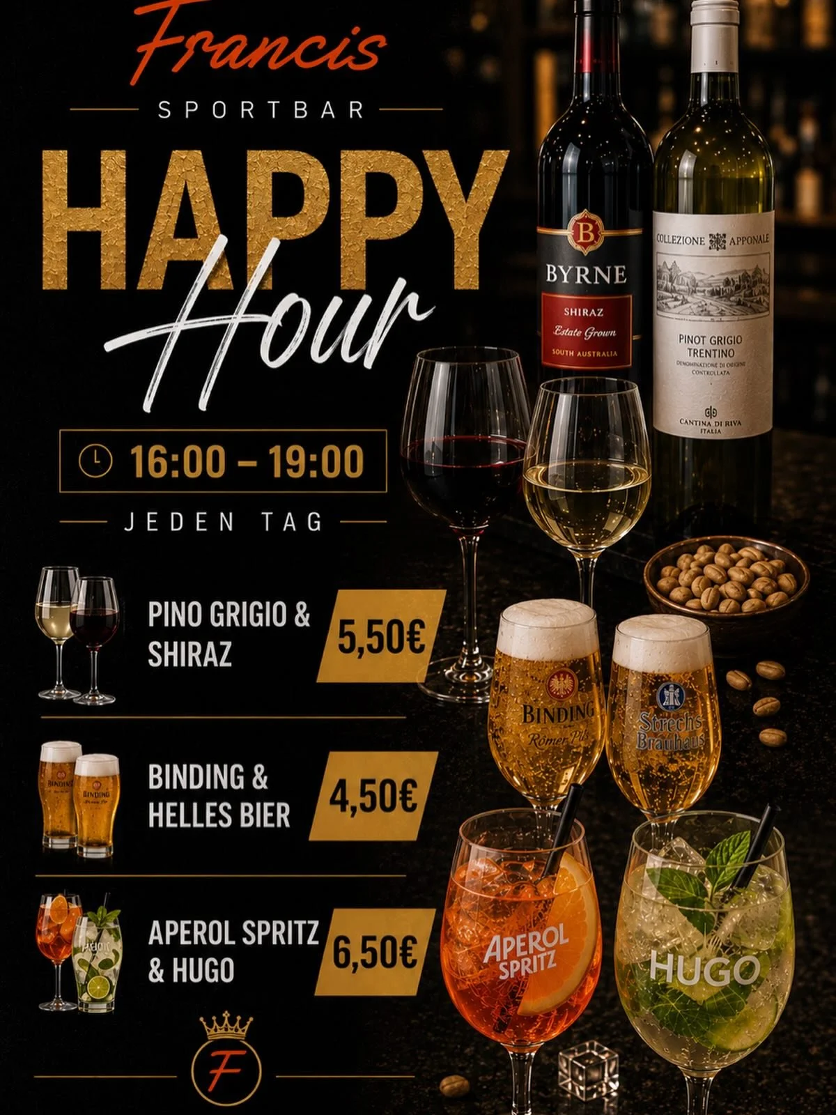 🍷🍺 Happy Hour bei Francis Sportbar! 
Jeden Tag von 16:00 bis 19:00 Uhr erwarten euch eure Lieblingsdrinks zu special Preisen. Kommt vorbei, genie&szlig;t gute Drinks, gute Stimmung und den perfekten Feierabend mit Freunden. ✨ 🔥🍹🍸

#Frankfurt #06
