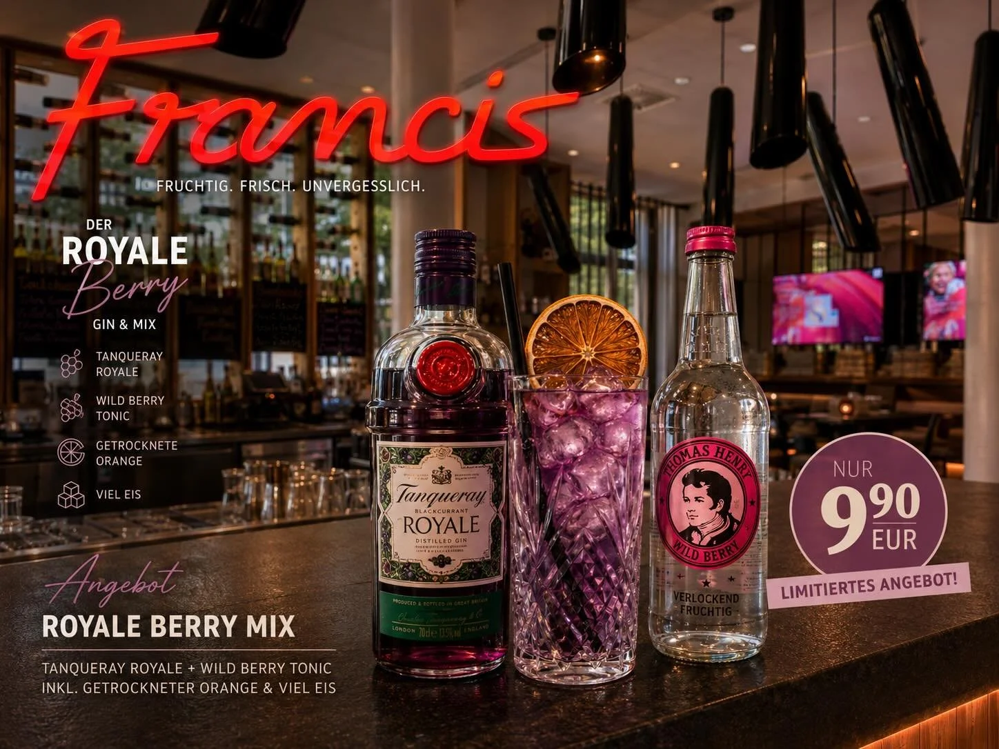 🍇🫐ROYALE BERRY MIX 🫐🍇
mit Tanqueray Royale &amp; Wild Berry Tonic💜

Jetzt im Francis 🍹 💜