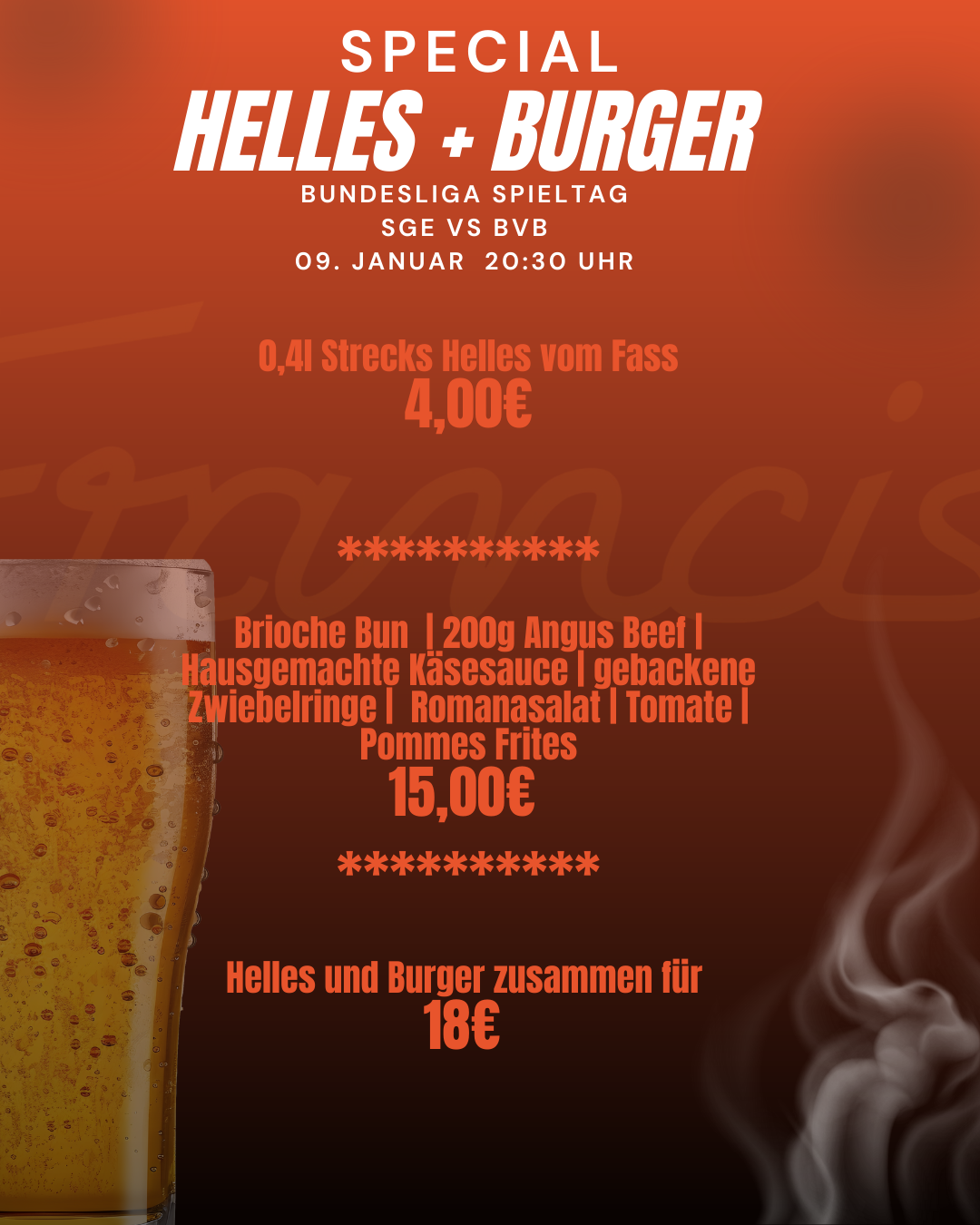 A promotional poster for a German football match featuring Helles beer and burgers, with details of date, time, price, and menu offerings.