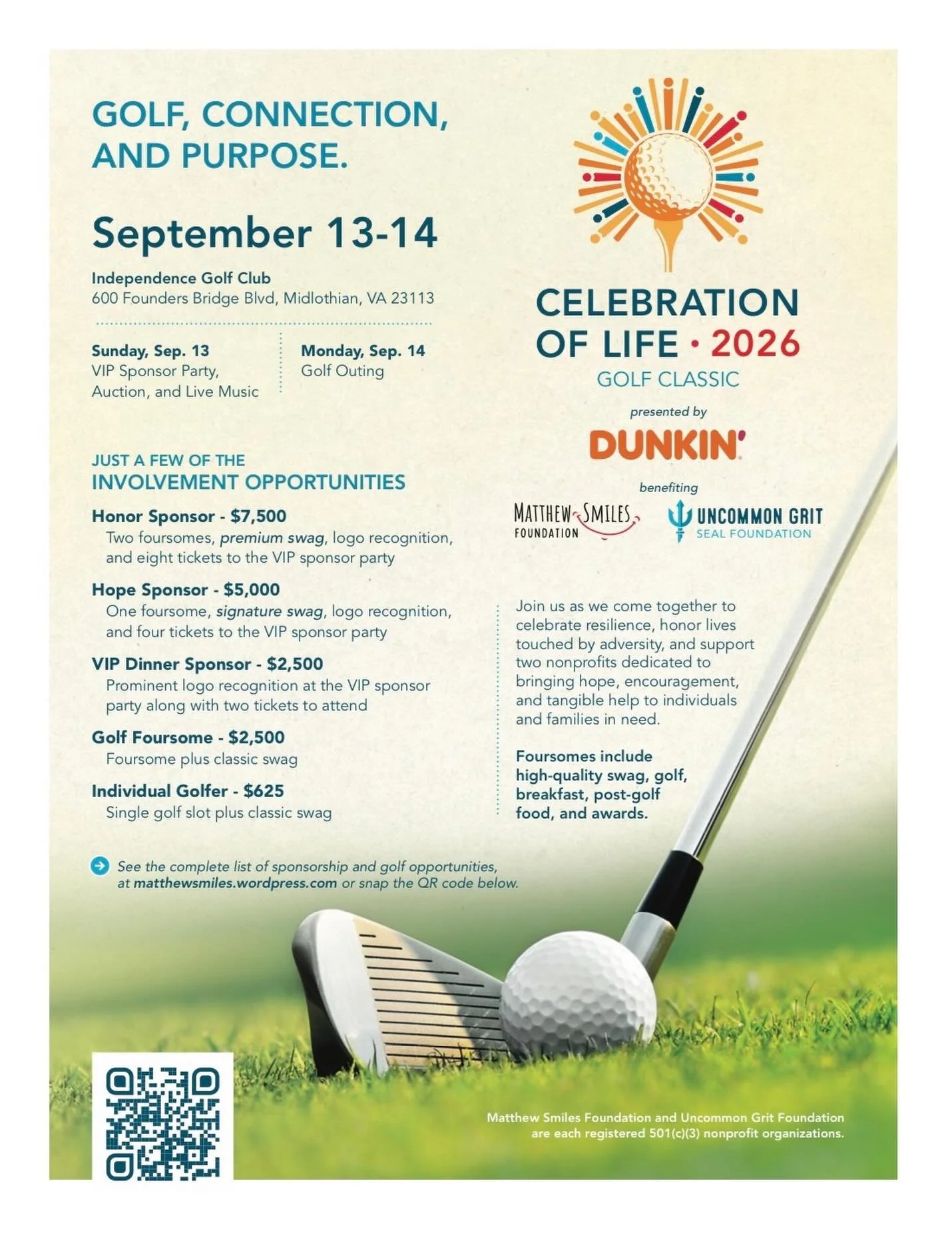 We&rsquo;re excited to join the Matthew Smiles Foundation and Uncommon Grit SEAL Foundation for their charity golf tournament this fall!⛳️🏌️&zwj;♂️

Go to matthewsmiles.wordpress.com to learn more! 

#GolfTournament #CelebrationOfLife