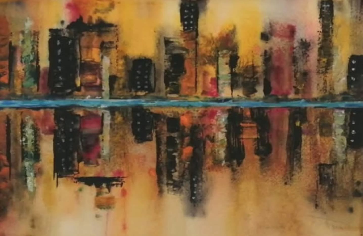 'River through Domino City'
Watercolour

Playing with heavy watercolours. Ran the watercolours under the running tap, shook the paper, dabbed it, dried it. I could see buildings, reflections. Added dots to the buildings for lights, which reminded me 