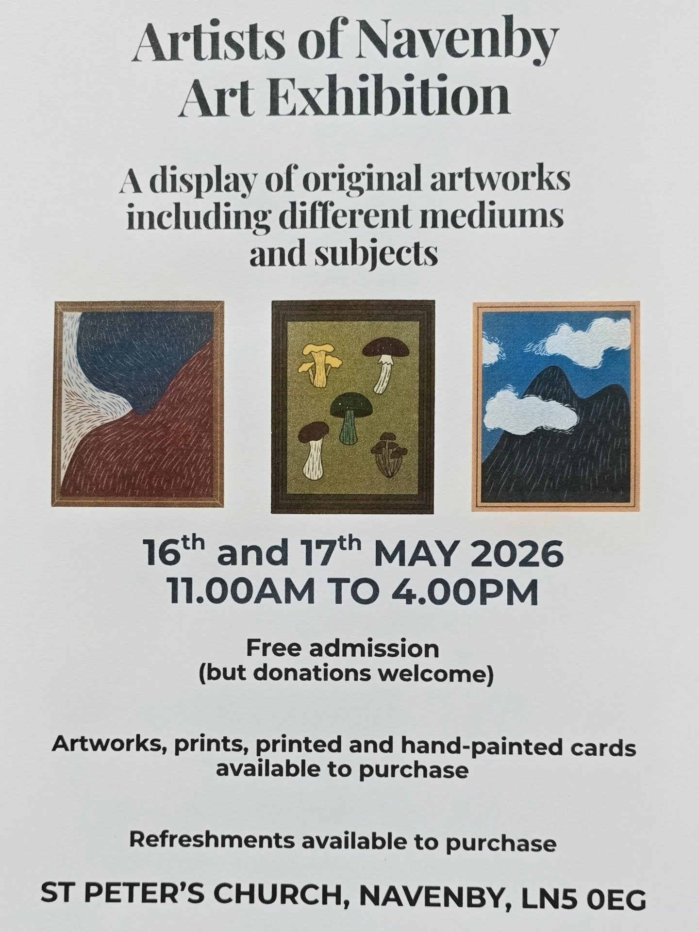 Artists of Navenby Art Exhibition 

There will be over 200 artworks at the Exhibition, all produced by the artists of Navenby.  We have been busy, in the background, preparing and organising.

Unframed artworks, plus printed and hand-painted cards wi