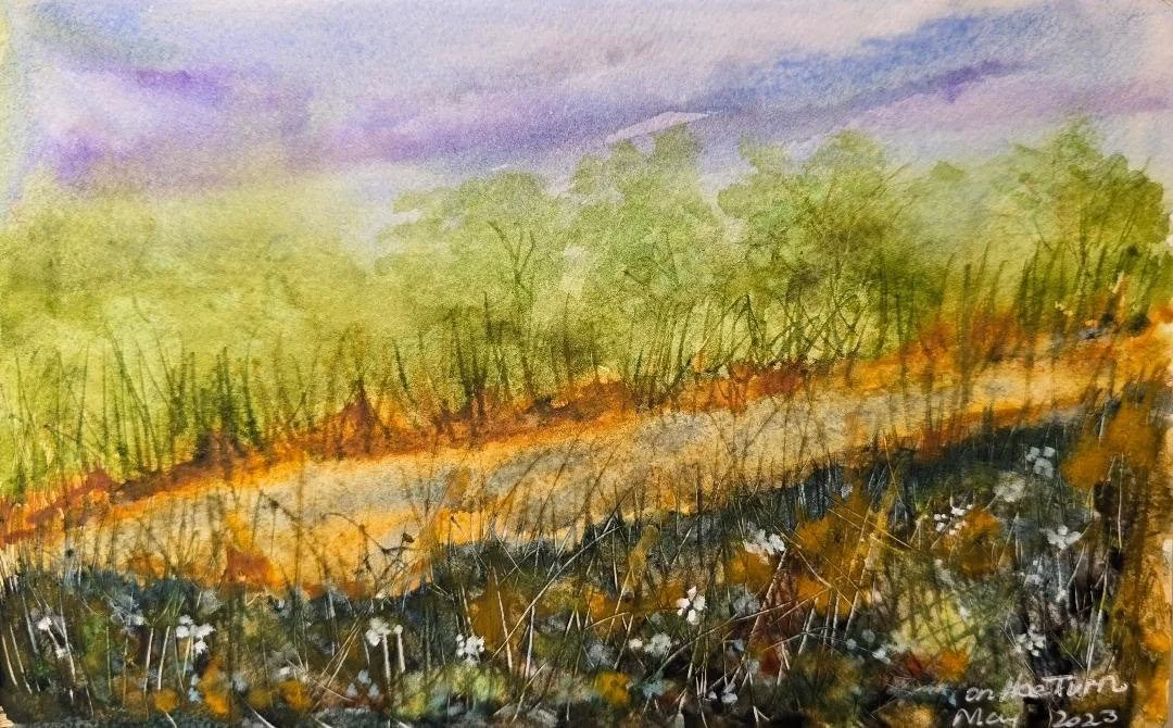 'On the Turn'
An original watercolour in my practice journal, from May 2023.

When the land knows summer is ending and getting ready for autumn. I love the freedom of the work with the simplistic wild flowers in the foreground.

For more works, visit