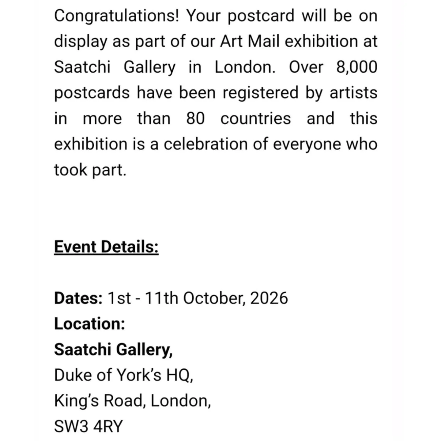 I think this warrants a day out to London, don't you think?!

It will be so interesting to see all the other postcards that will be exhibited. Over 8000 postcards from 80 countries have been submitted to Winsor &amp; Newton.

See the artwork attached