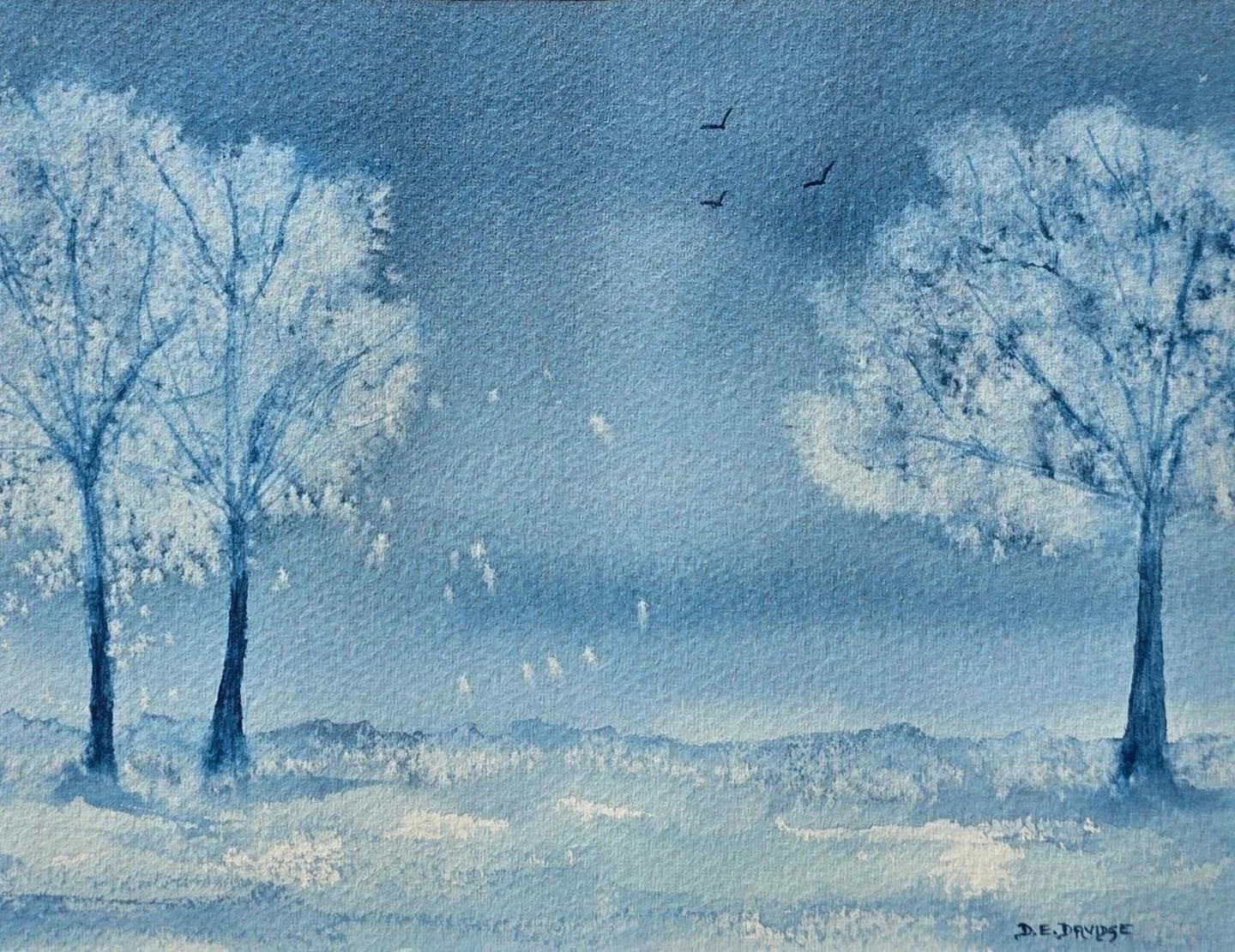 'A Winter Hush'

An original watercolour using Sennelier's Indigo Blue and Blue Indathrene only and small gaps of the white of the paper leaving a gentleness, depicting a very quiet scene of winter.

#sennelier #watercolourart #winter #gentleness #or