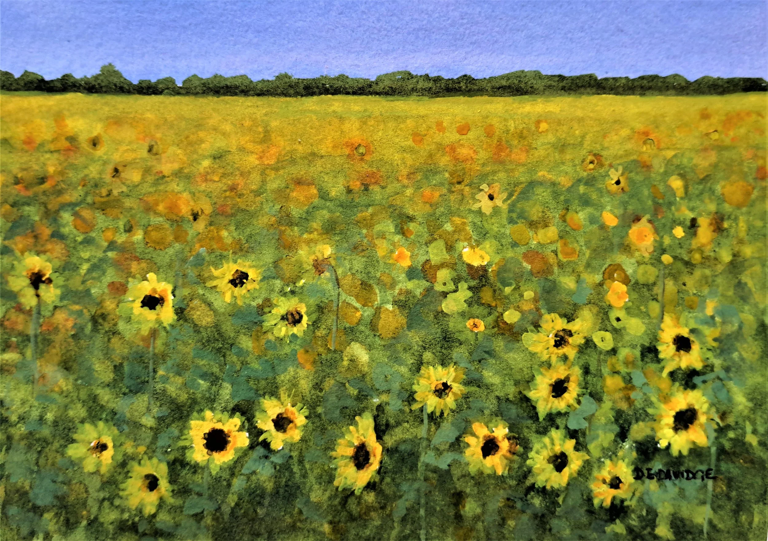 Painting of a sunflower field under a blue sky with distant trees on the horizon