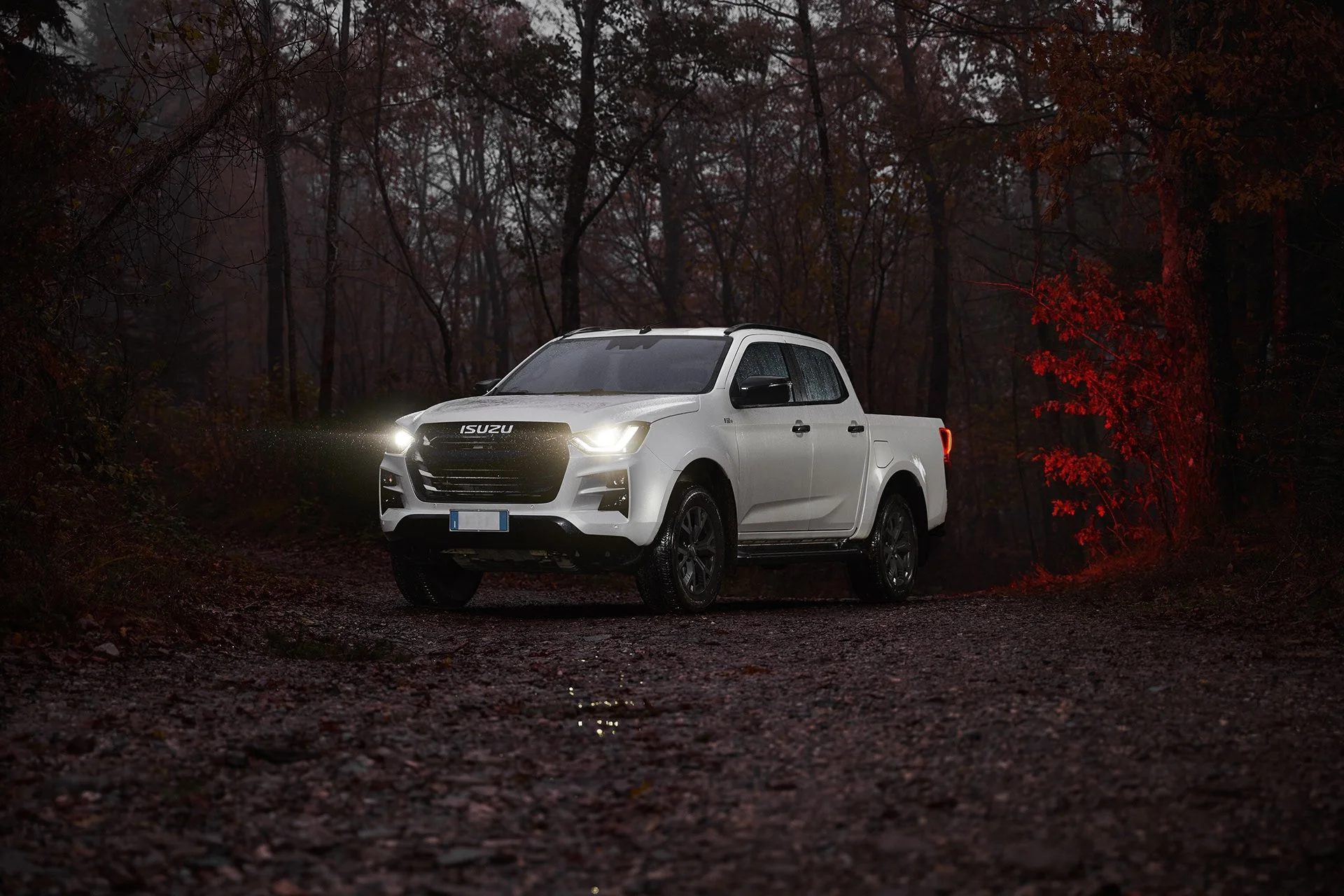 Auto bianca Isuzu in un bosco autunnale di sera con luci accese, terra umida e foglie su un sentiero