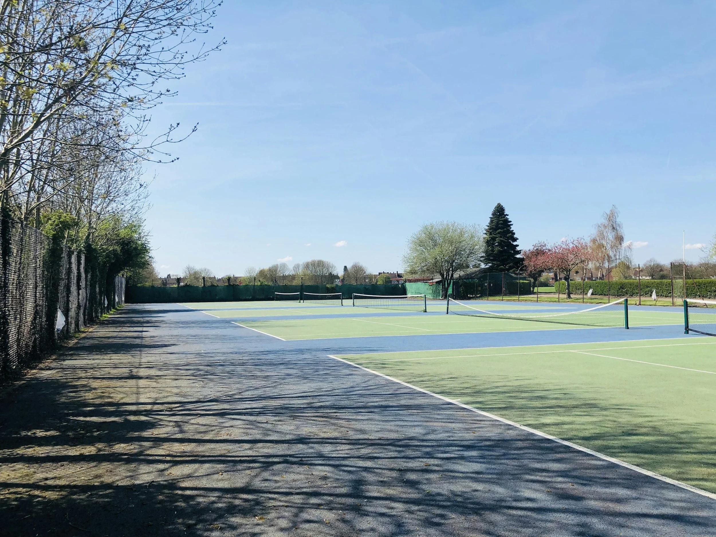 Empty outdoor tennis courts under a clear blue sky with trees in the background.