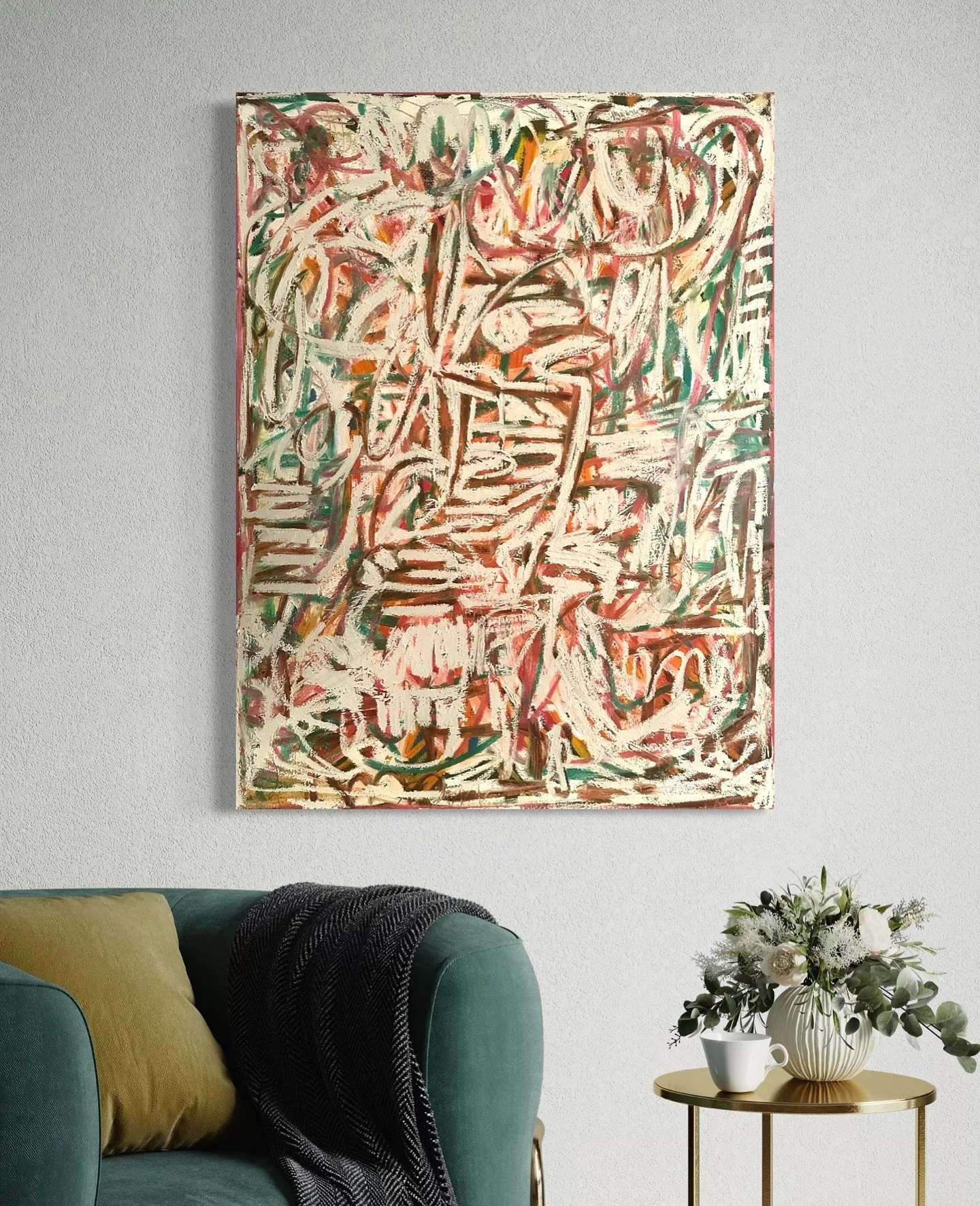 Crimson Whispers is a neutral wonderland with sass 💁🏻&zwj;♀️ #abstract #neautralstyle #artist #homedecor