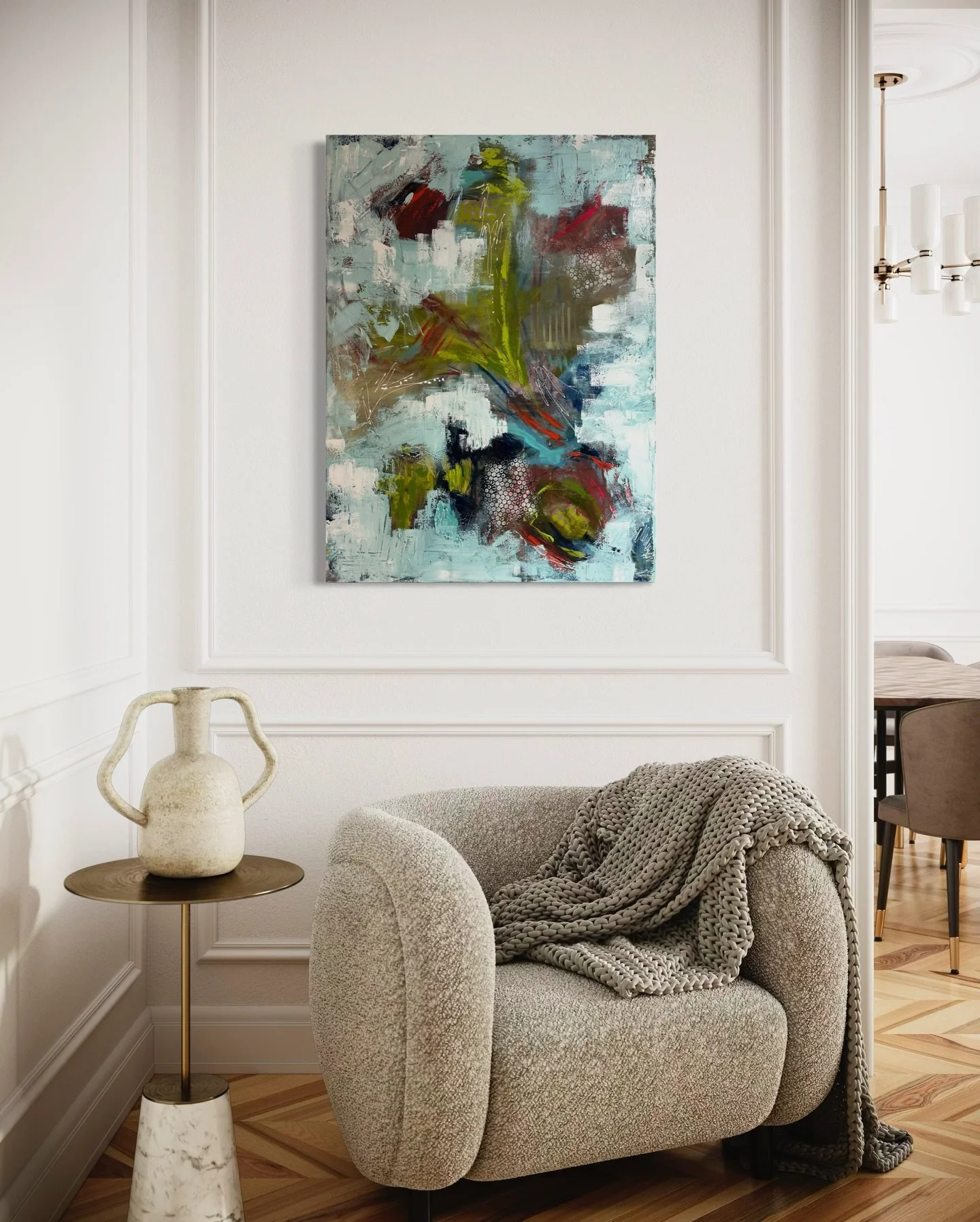 Some close ups of this fun new project! She&rsquo;s 30x40 acrylic on gallery wrapped canvas. &ldquo;Where the Silence Sings&rdquo; was such a labor of love! I cranked up the music and let it happen with moody colors and pops of mint. #abstract #artis