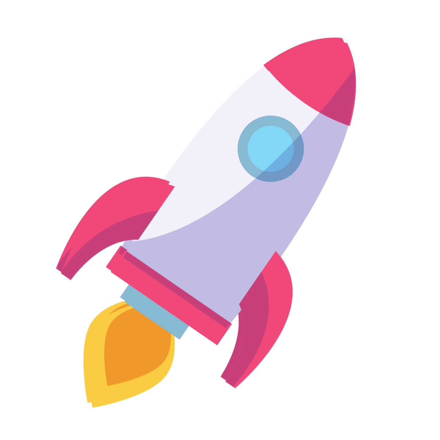 Colorful cartoon rocket ship with pink fins, yellow flames, purple body, and a blue window blasting off.