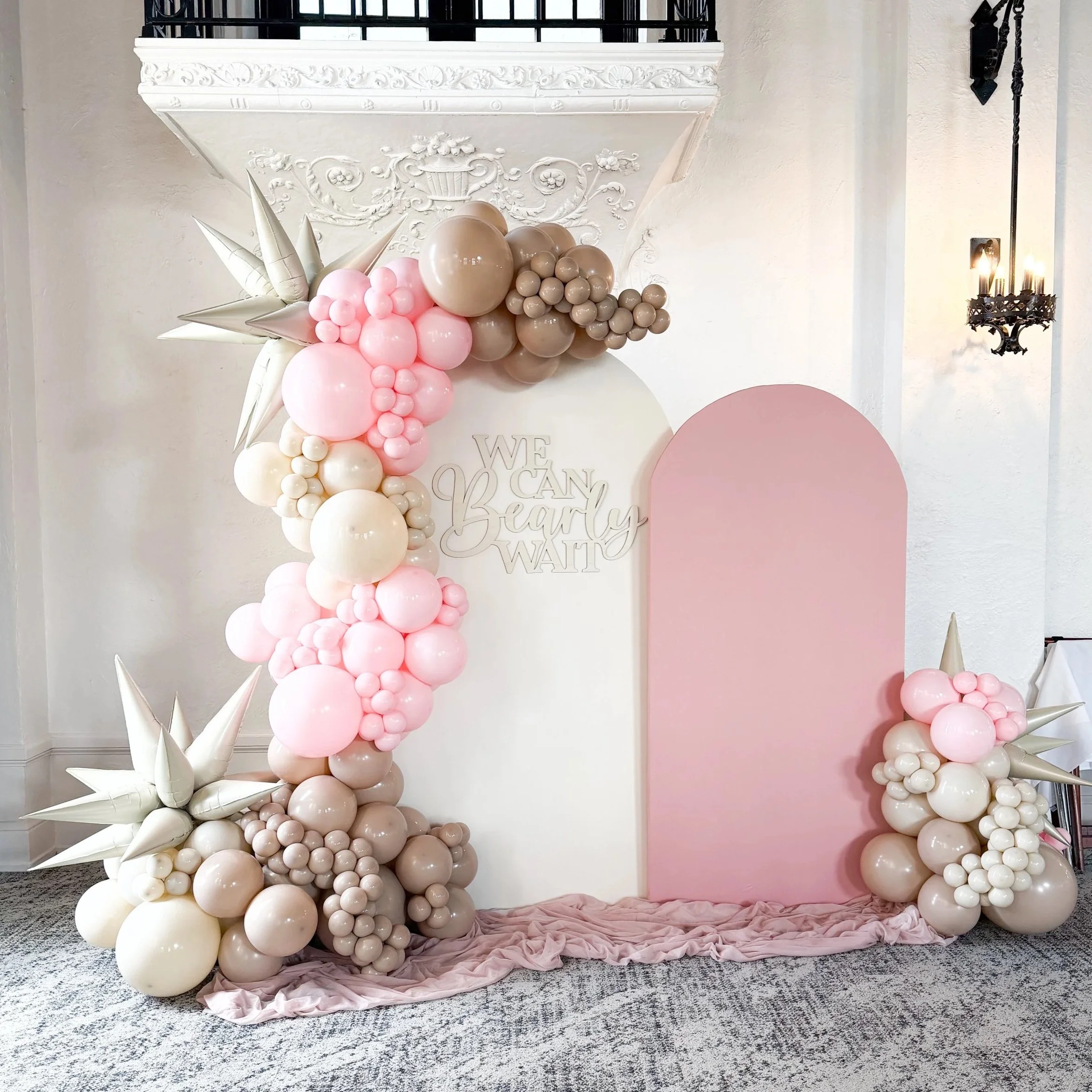 We Can Bearly Wait baby shower balloon decoration with two custom backdrops in Wickliffe, Ohio