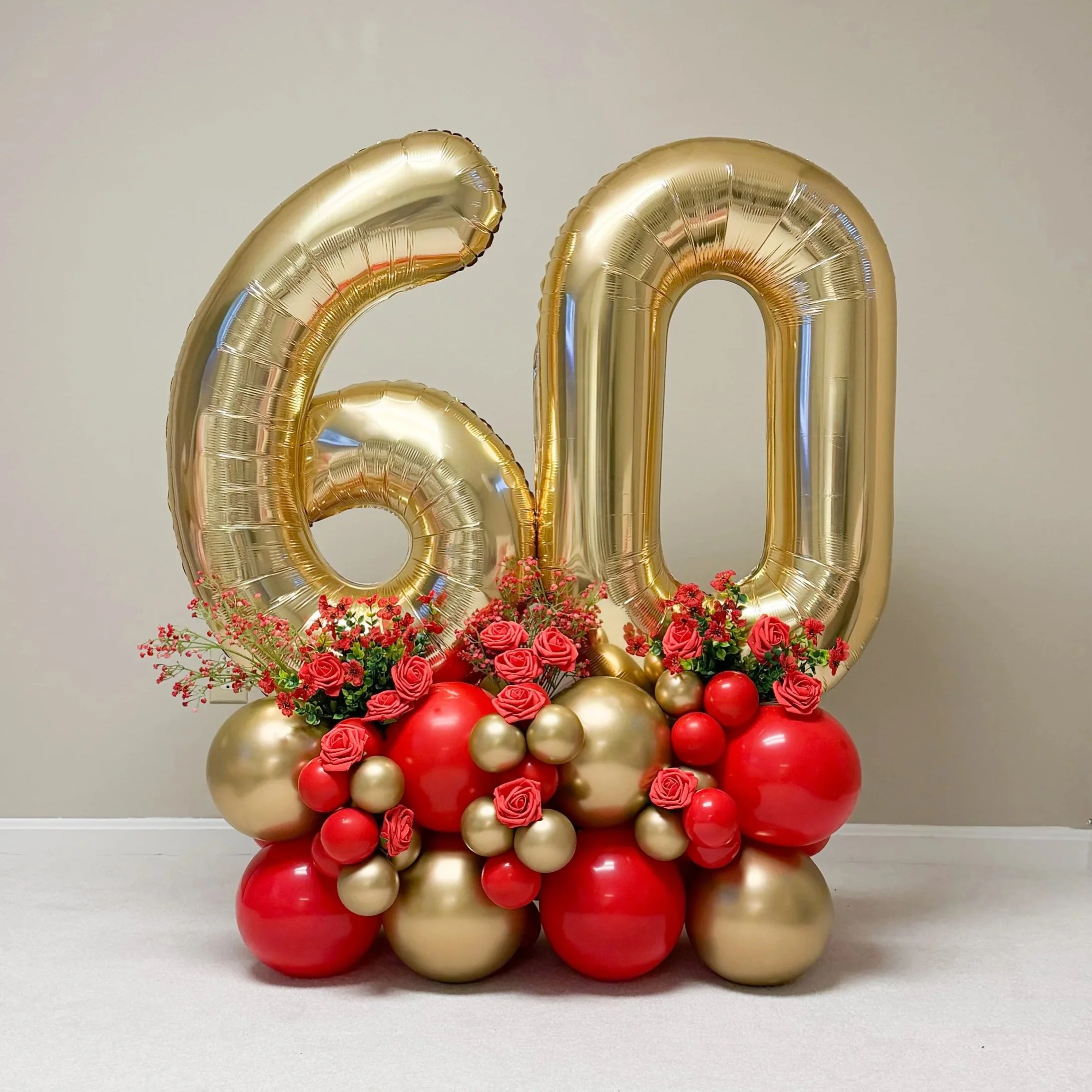 4ft tall number 60 balloon stack decoration for 60th birthday party celebration