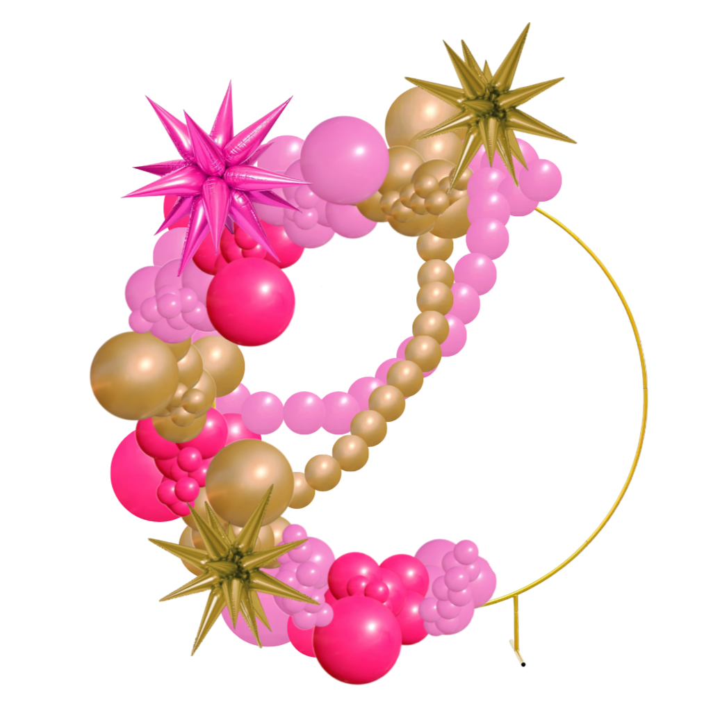 Stunning balloon garland with round arch for weddings and parties.