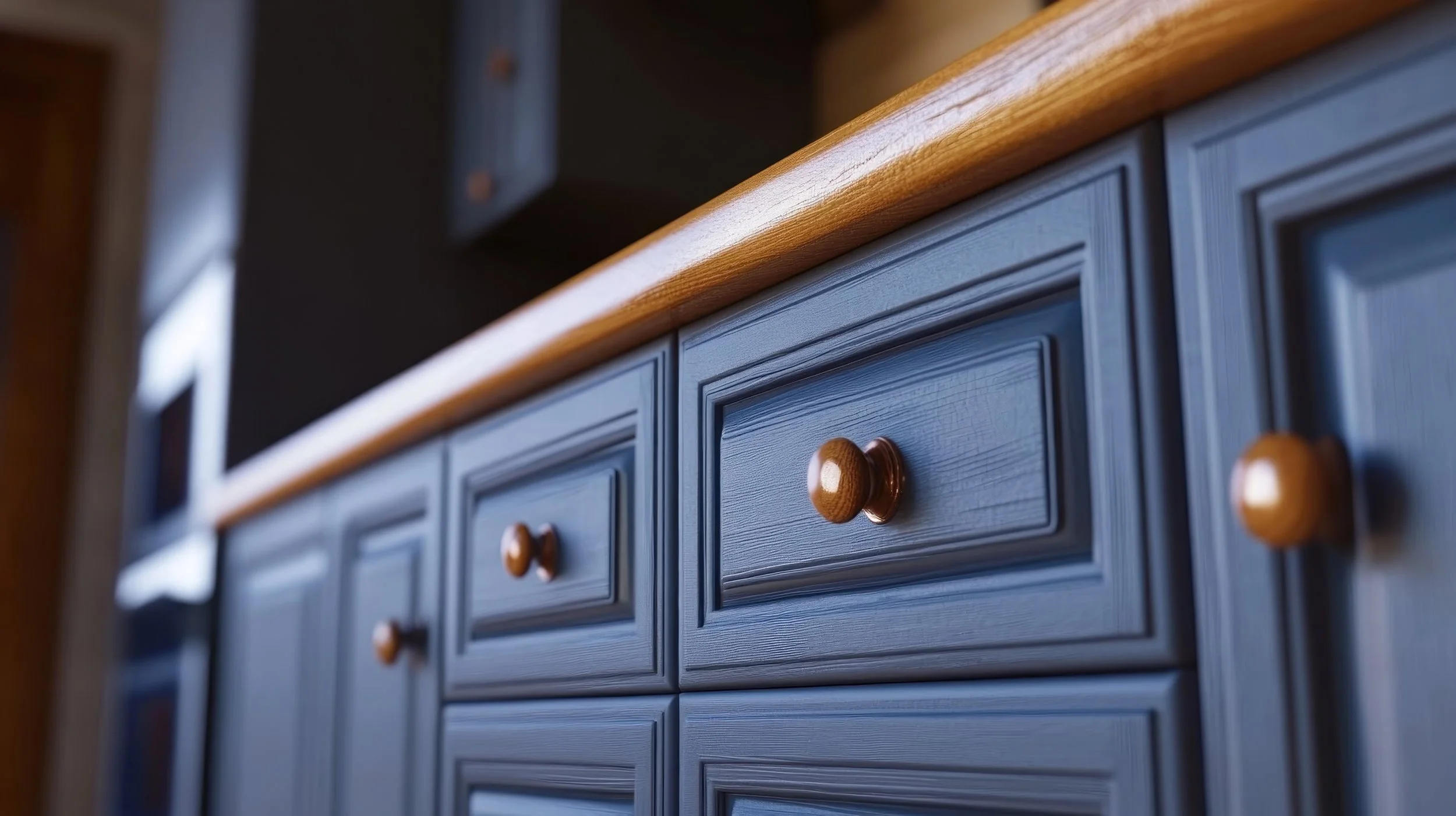 Close-up of a blue kitchen cabinet with wooden knobs and a wooden countertop.