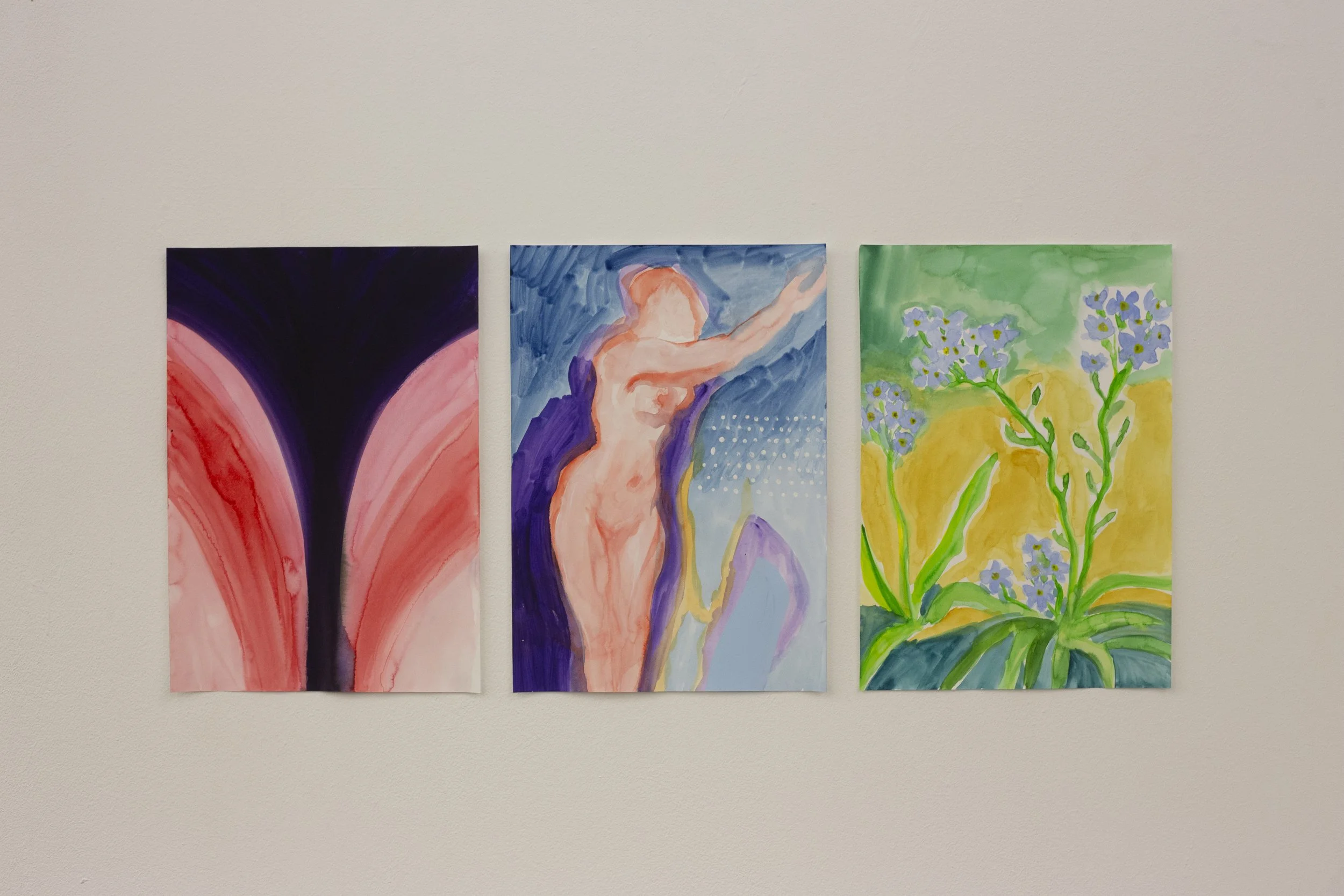Ausstellungsansicht "Das Ewig Weibliche", 2025, Tusche und Gouache auf Leinwand