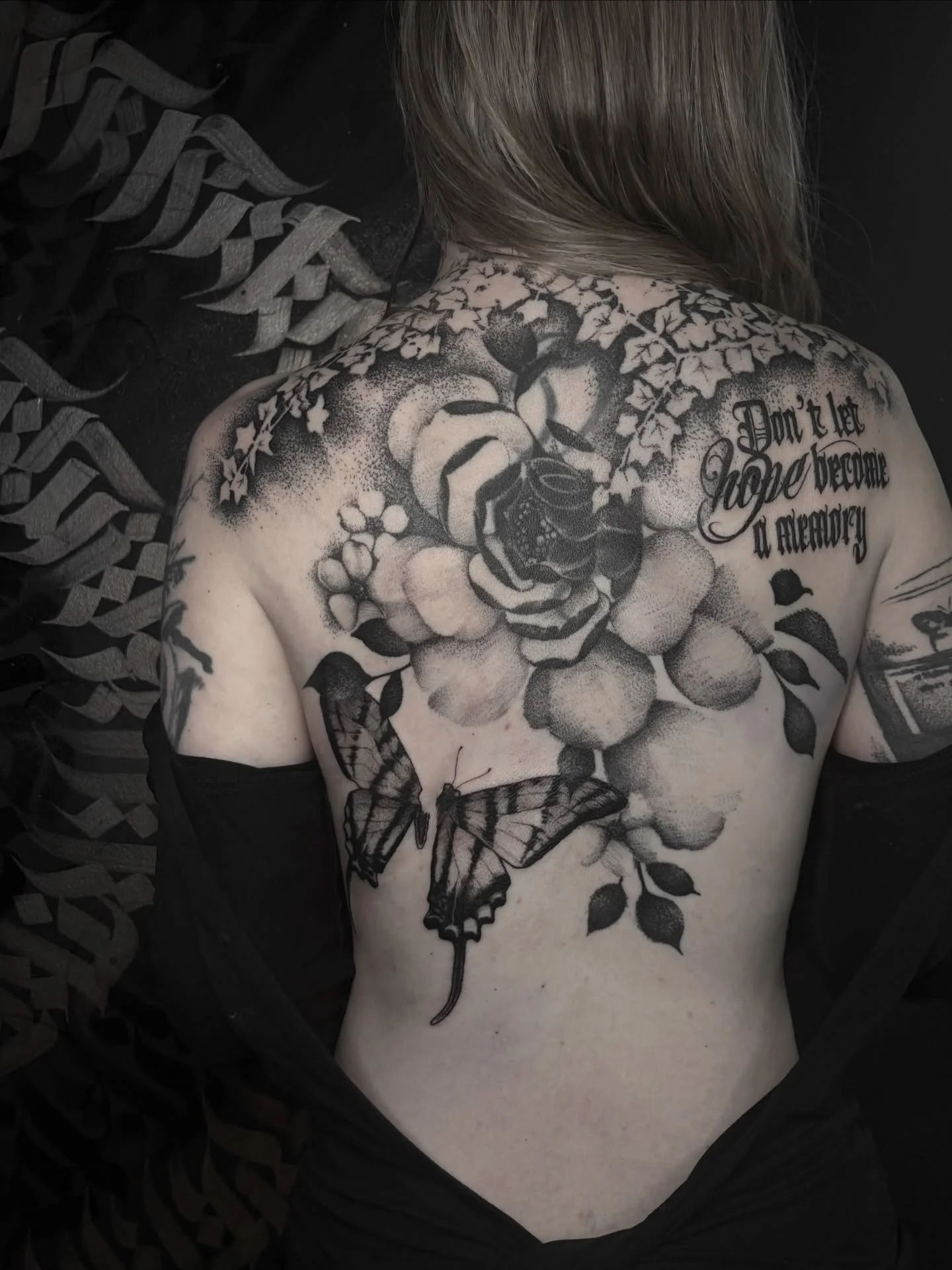 I started my bits on Quinn&rsquo;s back project today 🖤 
Script and butterfly by me 
Healed peony and leaves by @_dagren 
✷
@dagrentattoostudio Dunfermline, Fife 
✷