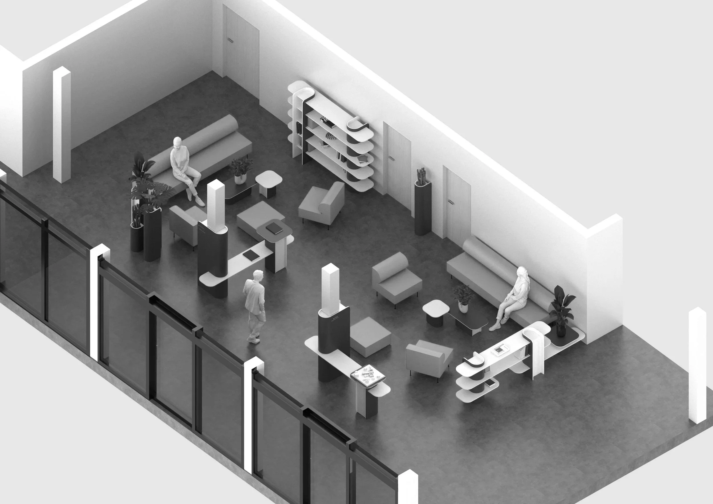 Une vue en plan d'un espace intérieur moderne avec des meubles contemporains, des plantes en pot, quelques personnes assises ou marchant, et de larges fenêtres en verre.